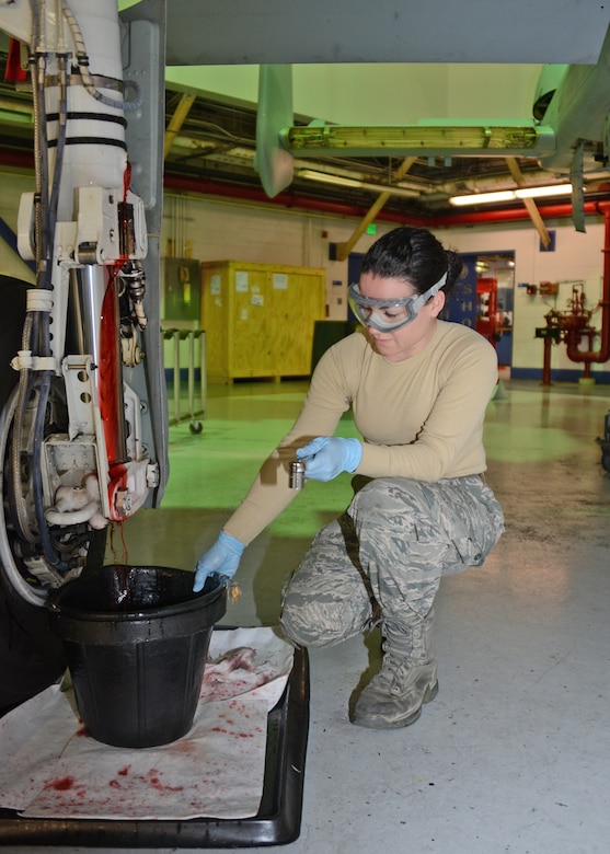 Senior Airman Barbara Rodriguez, A-10 pneudraulics specialist assigned to the 175th Aircraft Maintenance Squadron, Maryland Air National Guard, performs main landing gear initial strut servicing on an A-10C Thunderbolt II aircraft at Warfield Air National Guard Base, Baltimore, Md., on January 28, 2015. Rodriguez is the Maryland Air National Guard January Spotlight Airman. (Air National Guard photo by Tech. Sgt. Christopher Schepers)