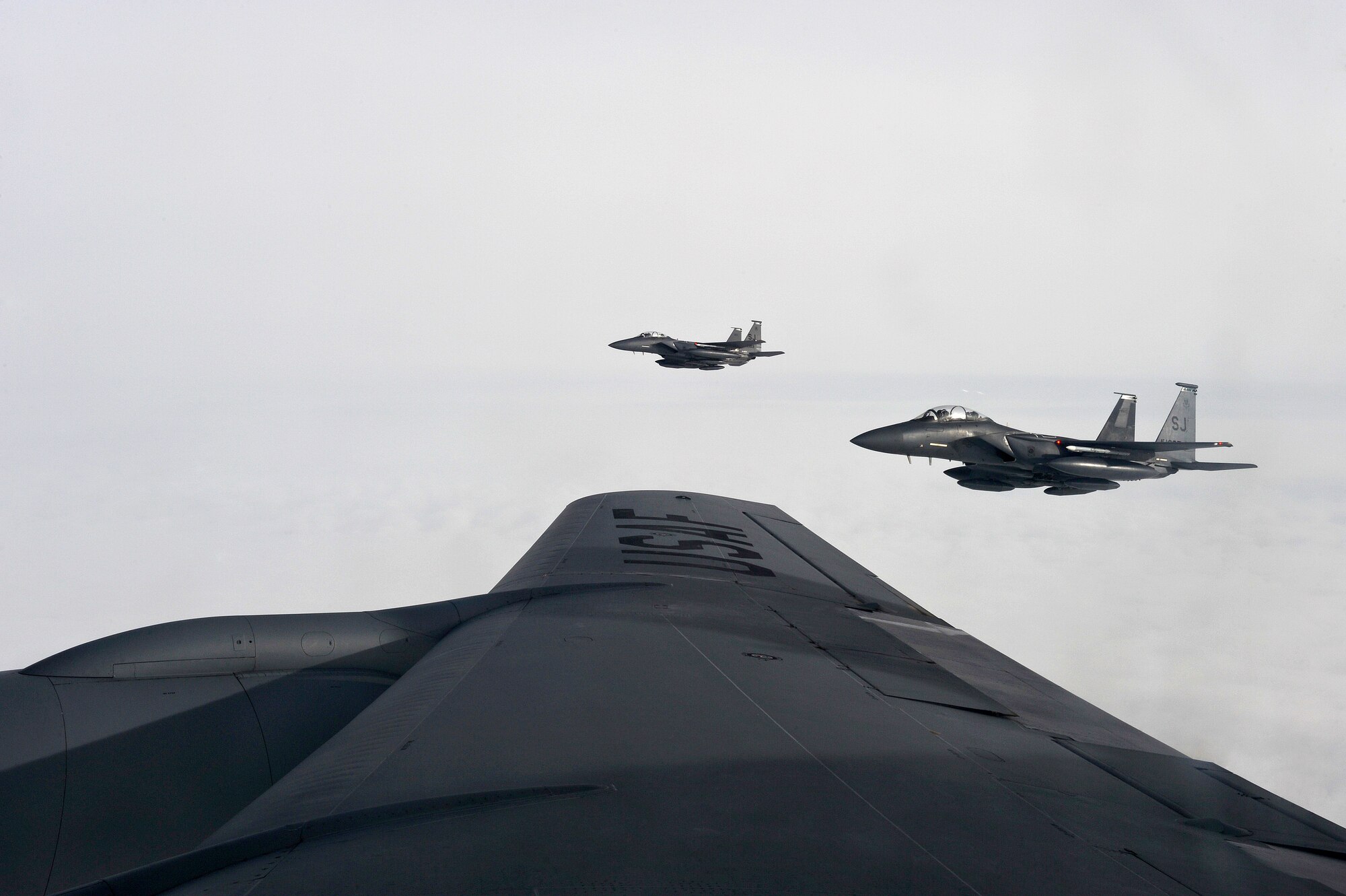 F-15E Strike Eagles assigned to the 4th Fighter Wing make their way to Nellis Air Force Base, Nevada, in support of Red Flag 15-1, Jan. 23, 2015. Eight Strike Eagles from the 4th FW are participating in the exercise, which began Jan. 26. The 4th FW’s Strike Eagles will be performing a different role for this iteration of Red Flag by providing adversary support. During the exercise, they will be simulating hostile aircraft in numerous training scenarios that build in intensity and difficulty as the weeks go on. (U.S. Air Force photo/Airman 1st Class Aaron J. Jenne)