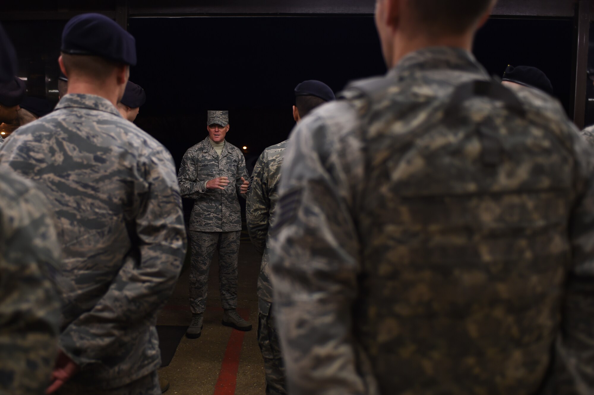 Chief Master Sgt. of the Air Force James A. Cody speaks with 423rd Security Forces Airmen during a visit to RAF Alconbury, England, Jan. 27, 2015. Cody passed along his heartfelt appreciation to the Airmen of the 501st Combat Support Wing, for their commitment to innovation and the U.S. Air Force. (U.S. Air Force photo by Staff Sgt. Jarad A. Denton/Released)