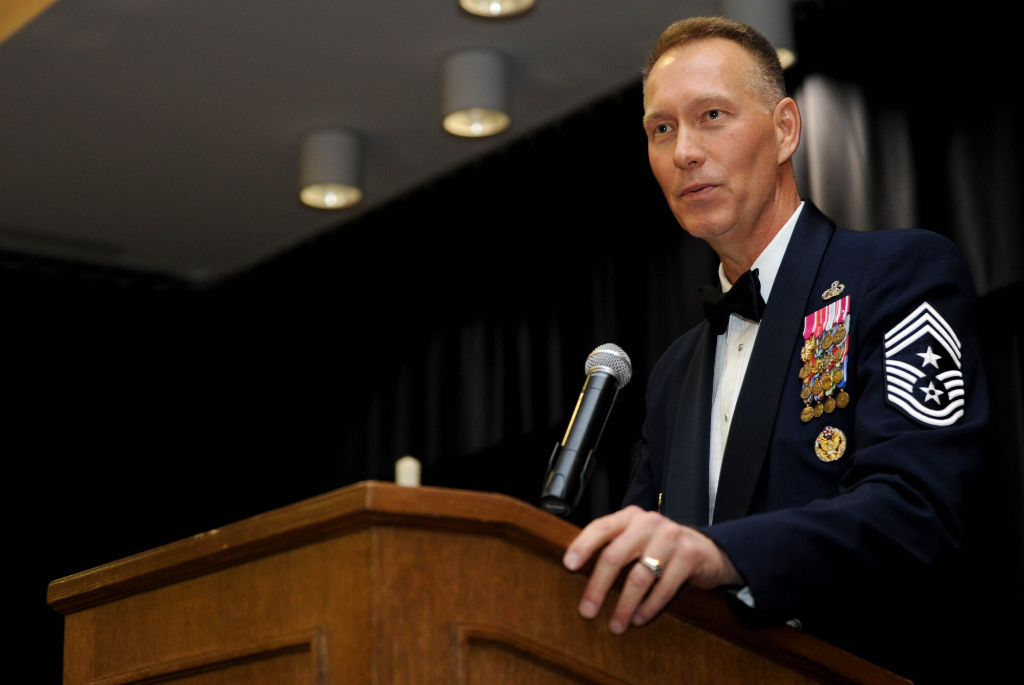 U.S. Air Force Chief Master Sgt. Richard Small, NATO’s Allied Command Operations command senior enlisted leader and native of Kershaw, S.C., speaks during the Chief Master Sergeant Recognition Ceremony in Club Eifel at Spangdahlem Air Base, Germany, Jan. 23, 2015. Small spoke at the ceremony to recognize the new chief selects and offer words of advice. (U.S. Air Force photo by Airman 1st Class Timothy Kim/Released)
