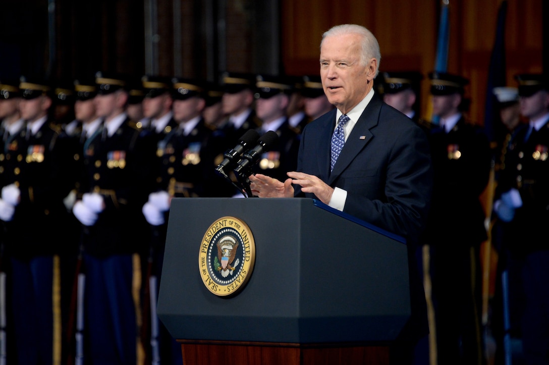 Vice President Joe Biden speaks during the Armed Forces Farewell Tribute for Defense Secretary Chuck Hagel on Joint Base Myer-Henderson Hall in Arlington, Va., Jan. 28, 2015.