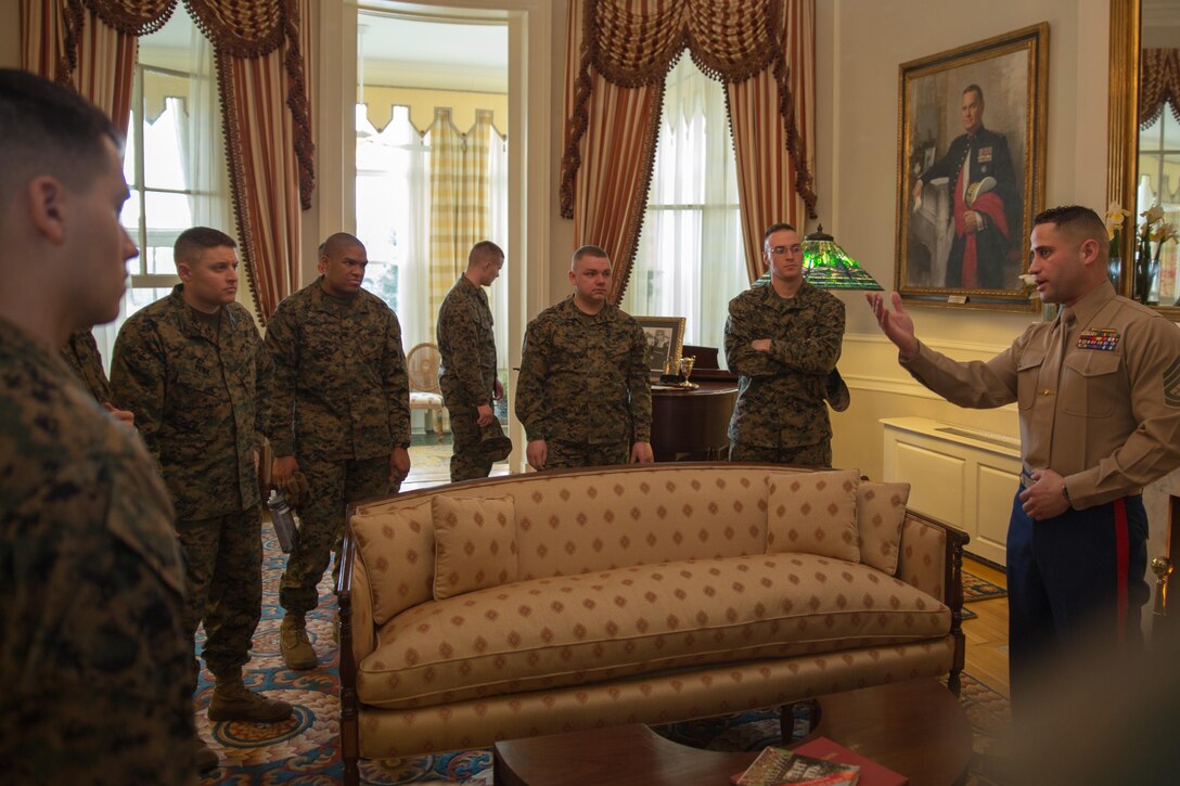 Marines of Company B and Guard Company, Marine Barracks Washington, D.C., tour the Home of the Commandants and meet Cpl. Chesty XIV. Jan 28. "It was an enjoyable experience that must be made at least once during your enlistment," said Lance Cpl. Rogelio Rangel, a marcher with Company B. " There is so much hidden knowledge that most Marine's will never know about unless they are there to see it." (U.S. Marine Corps Photo by Lance Cpl. Christian Varney)