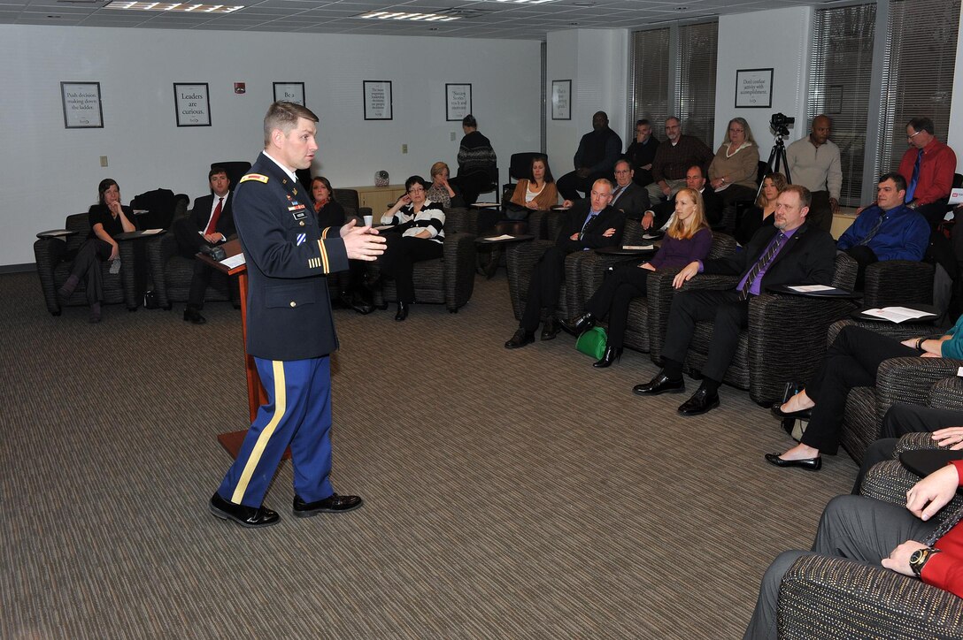 U.S. Army Corps of Engineers Nashville District Commander Lt. Col John L. Hudson talks with attendees and 2014 graduates of the Leadership Development Program class Jan. 26, 2015 at the Scarlett Leadership Institute in Franklin, Tenn. 