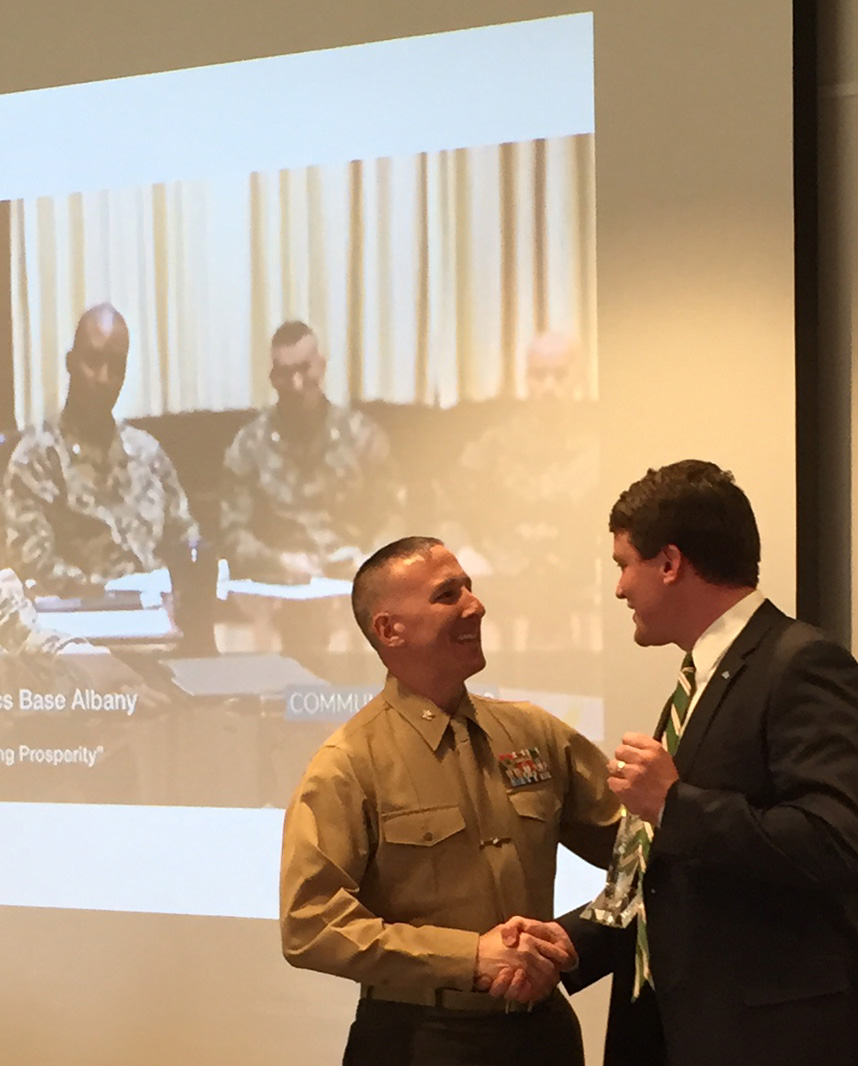 Marine Corps Logistics Base Albany is one of seven winners chosen to be honored at the first Community Heroes Luncheon at the Albany Museum of Art, Albany, Ga., Jan. 28.  The Community Heroes recognition is part of the Albany Dougherty Economic Development Commission's marketing campaign, "There's Only One Albany," which was formed to present a positive image of Albany. The event honored those individuals and organizations in the community who are making a difference and giving back through service to others. Col. Don Davis, commanding officer, accepted the "Local Business" award on behalf of MCLB Albany.

