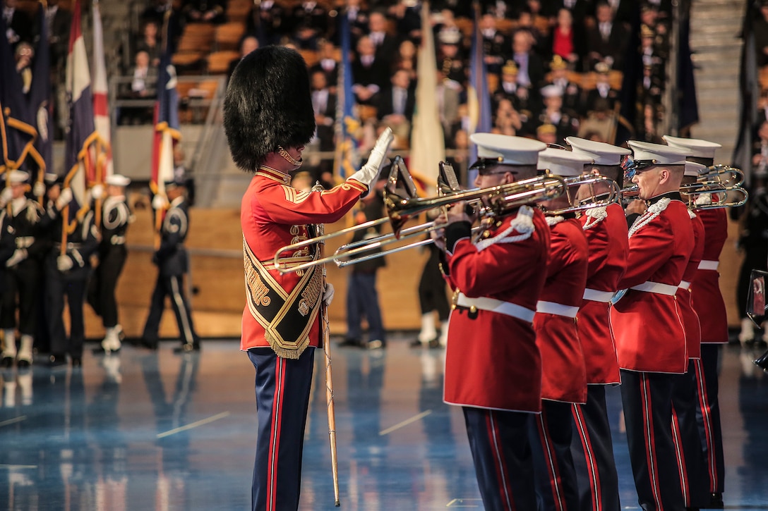 "The President's Own" United States Marine Band played during a farewell tribute to 24th Secretary of Defense Chuck Hagel at Conmy Hall on Joint Base Myer-Henderson Hall in Virginia, on Jan. 28, 2015. (U.S. Marine Corps photo by Staff Sgt. Brian Rust/released)