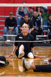 Oklahoma Army National Guardsman Sgt. Kisha Makerney, waits for the ball to come her way during a Warrior Games volleyball match at the U.S. Olympic Training Center in Colorado Springs, Colo., May 11, 2010.