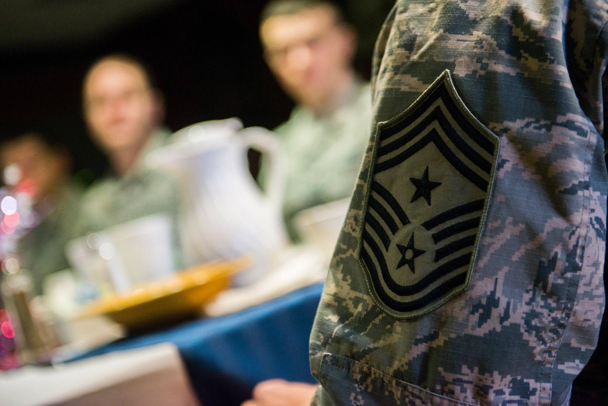 U.S. Air Force Chief Master Sgt. Scott Fuller, Ninth Air Force command chief, speaks with Moody Airmen during breakfast Jan. 29, 2015, at Moody Air Force Base, Ga. In addition to breakfast, Fuller attended a Distinguished Flying Cross ceremony with Maj. Gen. H. D. Polumbo Jr., Ninth AF commander. (U.S. Air Force photo by Airman 1st Class Dillian Bamman/Released)