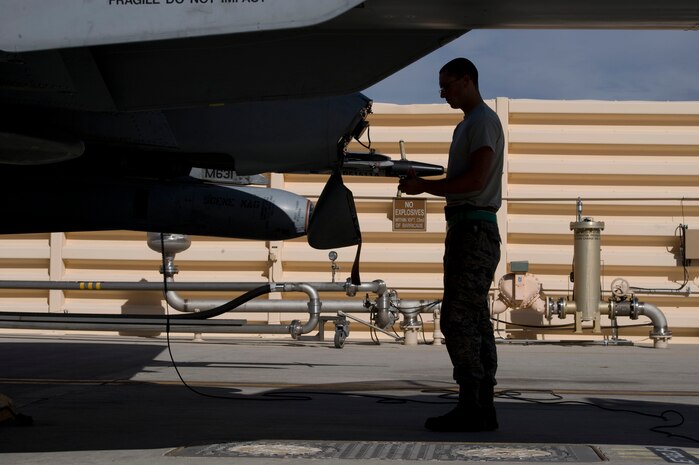 Senior Airman Charles Nicholls, a crew chief assigned to the 355th Aircraft Maintenance Squadron, Davis-Monthan Air Force Base, Ariz., performs pre-flight inspections on an A-10 Thunderbolt II during Green Flag-West 15-03 at Nellis Air Force Base, Nev., Jan. 26, 2015. The A-10 has excellent maneuverability at low air speeds and altitude, and is a highly accurate and survivable weapons-delivery platform. (U.S. Air Force photo by Airman 1st Class Mikaley Towle)