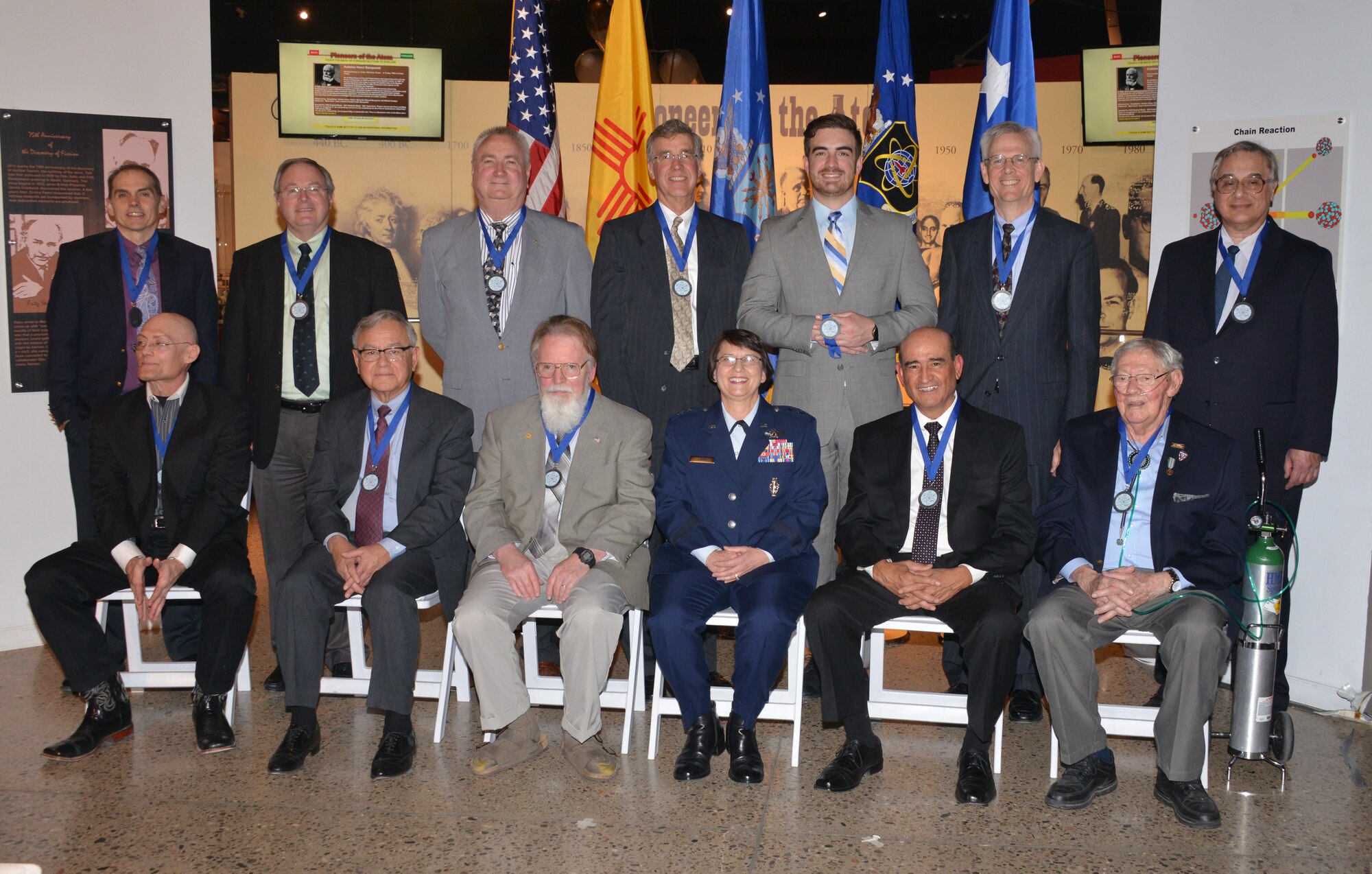 Twelve individuals were honored with the Order of the Nucleus award at a ceremony at the National Museum of Nuclear Science and History  Jan. 26. The AFNWC established the Order of the Nucleus in 2011 to recognize and honor individuals and groups who have made significant contributions to the nuclear enterprise of the United States.  

Top row: Rob McKay, National Nuclear Security Administration; Steven Myers, AFNWC; John St. Ledger, Los Alamos National Laboratory; Bruce Walker, Sandia National Laboratories; Cameron Knapp (accepting on behalf of his father, Bret Knapp, Lawrence Livermore National Laboratory); Hank O'Brien, LLNL; and Jim Kapseles, LLNL.

Bottow Row: Darrell Palmer, ; Ernest Herrera, James Degnan, AFNWC; awards presenter Maj. Gen. Sandra Finan, AFNWC commander; Alex Romero, president and CEO of Albuquerque Hispano Chamber of Commerce; and Harold Rarrick, SNL.

 (Photo by Dennis Carlson)