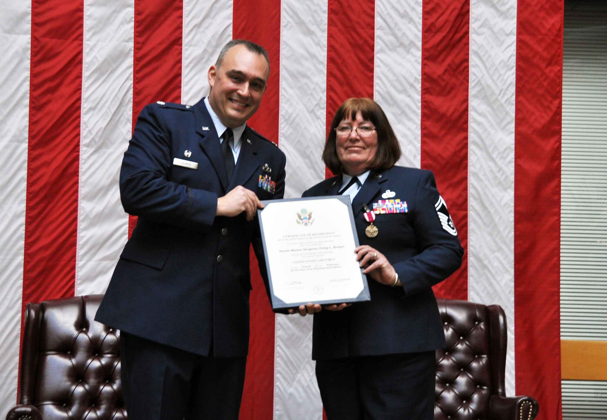 TRAVIS AIR FORCE BASE, Calif. -- Senior Master Sgt. Vicky L. Hedger, a propulsion superintendent with the 349th Maintenance Squadron, retired after almost 36 years of service, January 24, 2015. (U.S. Air Force photo/SSgt. Cindy Alejandrez) 