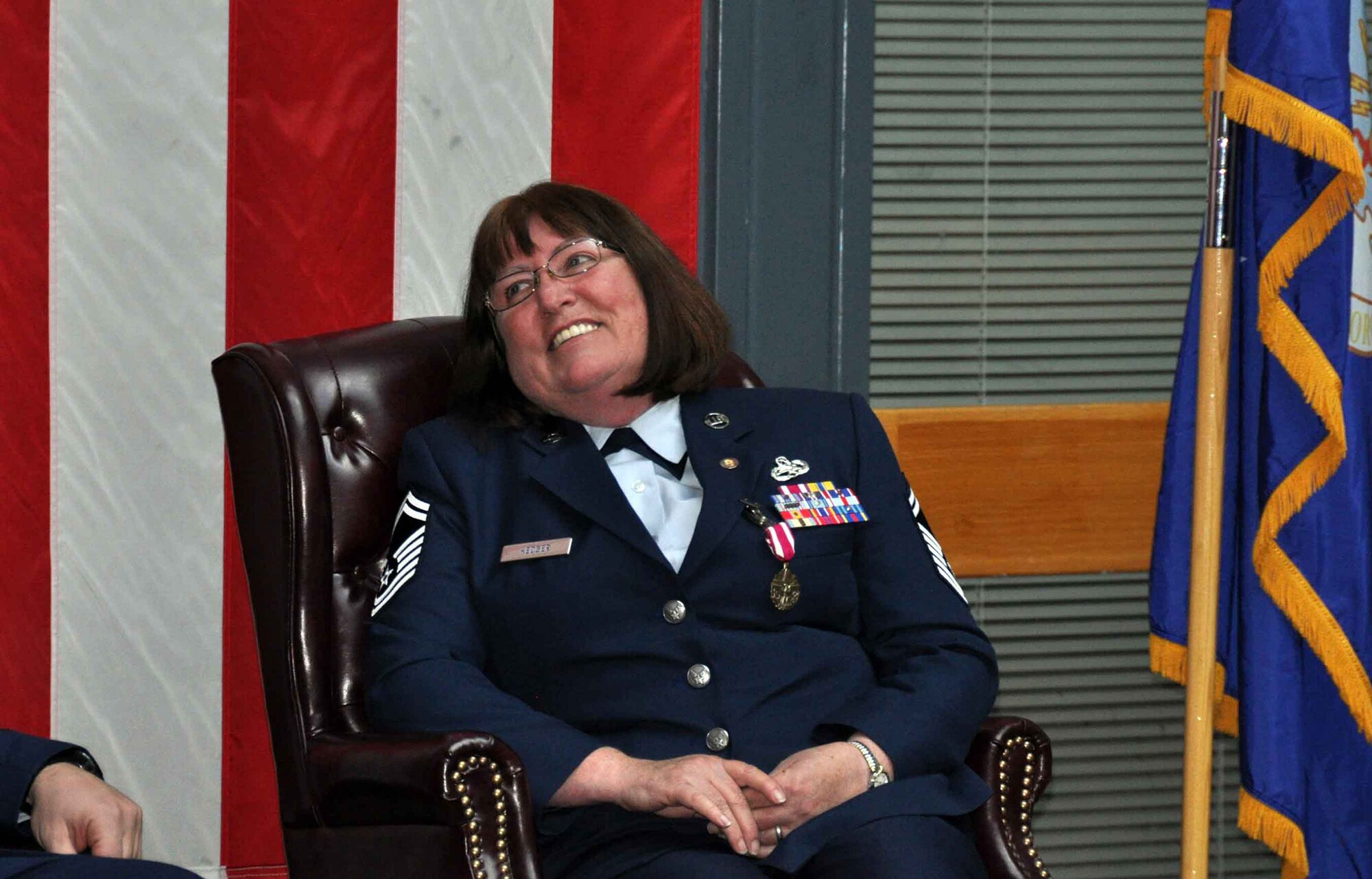 TRAVIS AIR FORCE BASE, Calif. -- Senior Master Sgt. Vicky L. Hedger, a propulsion superintendent with the 349th Maintenance Squadron, retired after almost 36 years of service, January 24, 2015. (U.S. Air Force photo/SSgt. Cindy Alejandrez) 