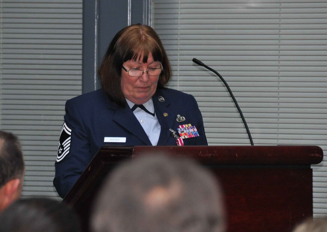 TRAVIS AIR FORCE BASE, Calif. -- Senior Master Sgt. Vicky L. Hedger, a propulsion superintendent with the 349th Maintenance Squadron, retired after almost 36 years of service, January 24, 2015. (U.S. Air Force photo/SSgt. Cindy Alejandrez) 