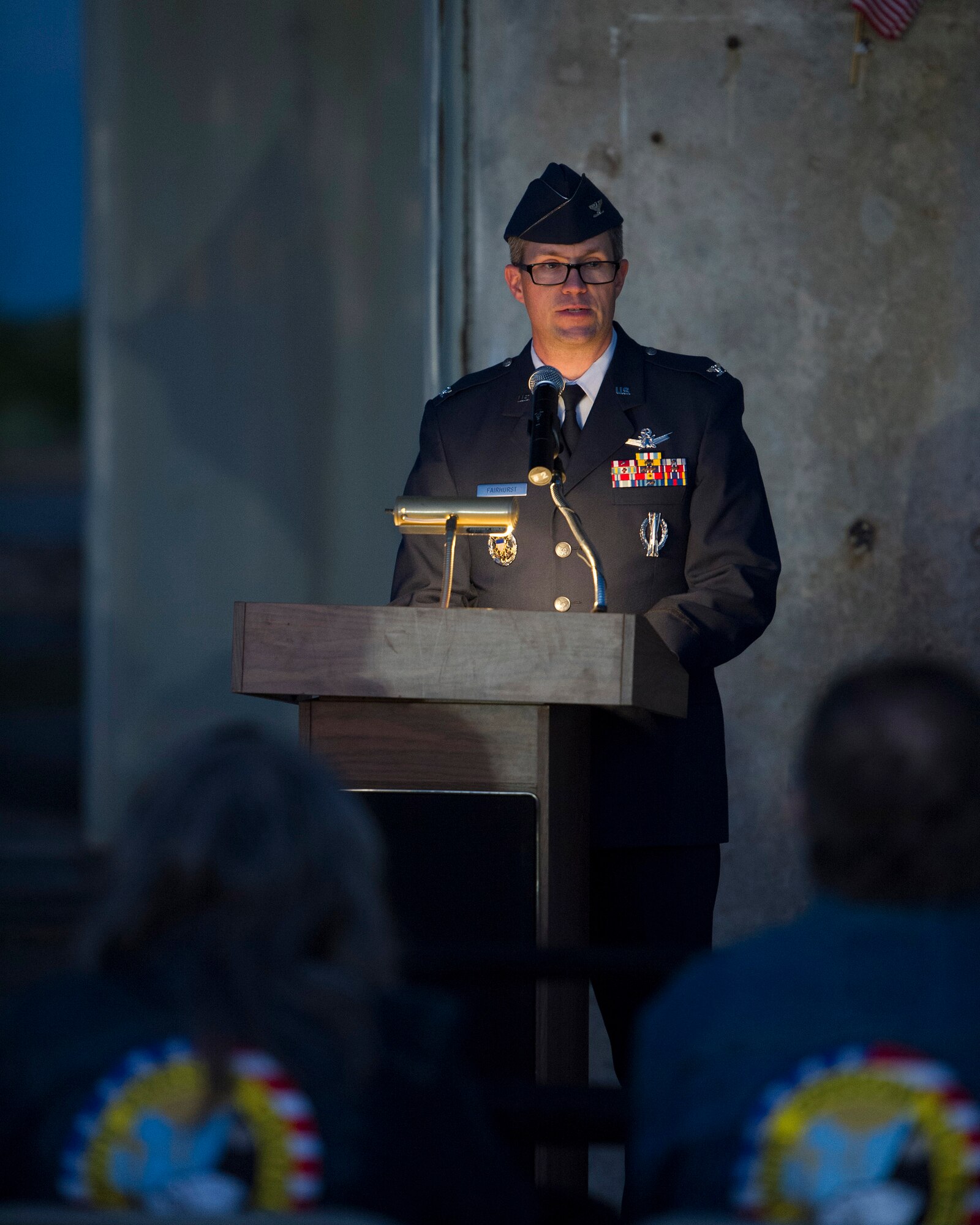 Col. Shawn Fairhurst, 45th Space Wing vice commander, addresses attendees of the 48th annual Apollo 1 Memorial Ceremony Jan. 27, 2015 at Launch Complex 34, Cape Canaveral Air Force Station, Fla. The ceremony honored the lives of the three crew members, Command Pilot Virgil "Gus" Grissom, Senior Pilot Edward H. White II and Pilot Roger B. Chaffee, who were killed by a flash fire during a launch pad test of their Saturn 1B rocket, Jan. 27, 1967. (U.S. Air Force photo/Matthew Jurgens)
