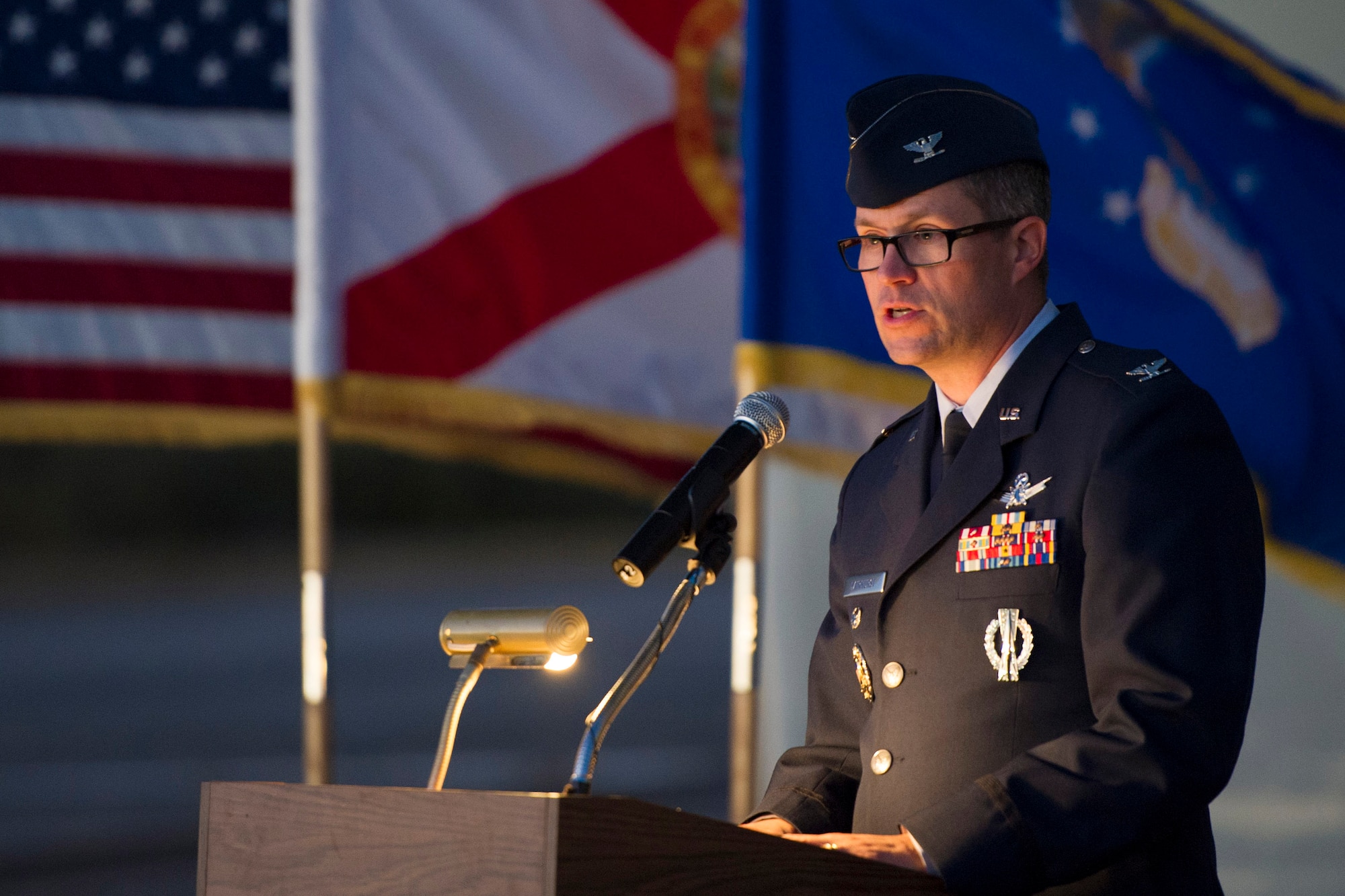 Col. Shawn Fairhurst, 45th Space Wing vice commander, addresses attendees of the 48th annual Apollo 1 Memorial Ceremony Jan. 27, 2015 at Launch Complex 34, Cape Canaveral Air Force Station, Fla. The ceremony honored the lives of the three crew members, Command Pilot Virgil "Gus" Grissom, Senior Pilot Edward H. White II and Pilot Roger B. Chaffee, who were killed by a flash fire during a launch pad test of their Saturn 1B rocket, Jan. 27, 1967. (U.S. Air Force photo/Matthew Jurgens)
