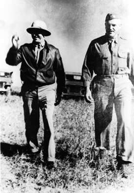 January 29, 1956: In January 1956, base leadership approved the selection of a new name for Little Rock Air Force Base. The memorialization board of officers considered 17 individuals. After months of research, the board chose to redesignate the base after Col. John R. Fordyce, Jr.  Fordyce was a native of Little Rock and had served seven years with the Navy before enlisting with the 154th Observation Squadron, a direct ancestor of the 189th Airlift Wing. During World War II, he received the Distinguished Flying Cross for extraordinary achievement while leading the 320th Bombardment Group on its first combat mission in April 1943. Final approval was needed from Air Force Headquarters, but because of the growing diversity of opinion on the numerous nominations, the action was suspended to avoid unfavorable reflection on the Air Force. The director of military personnel chose to suspend the memorialization action indefinitely and retain the Little Rock AFB designation.  

Pictured:  Capt. Eddie Rickenbacker (left), visiting with the men in Montesquieu, Algeria on May 11, 1943. He is seen here with Lt. Col. John R. Fordyce.
