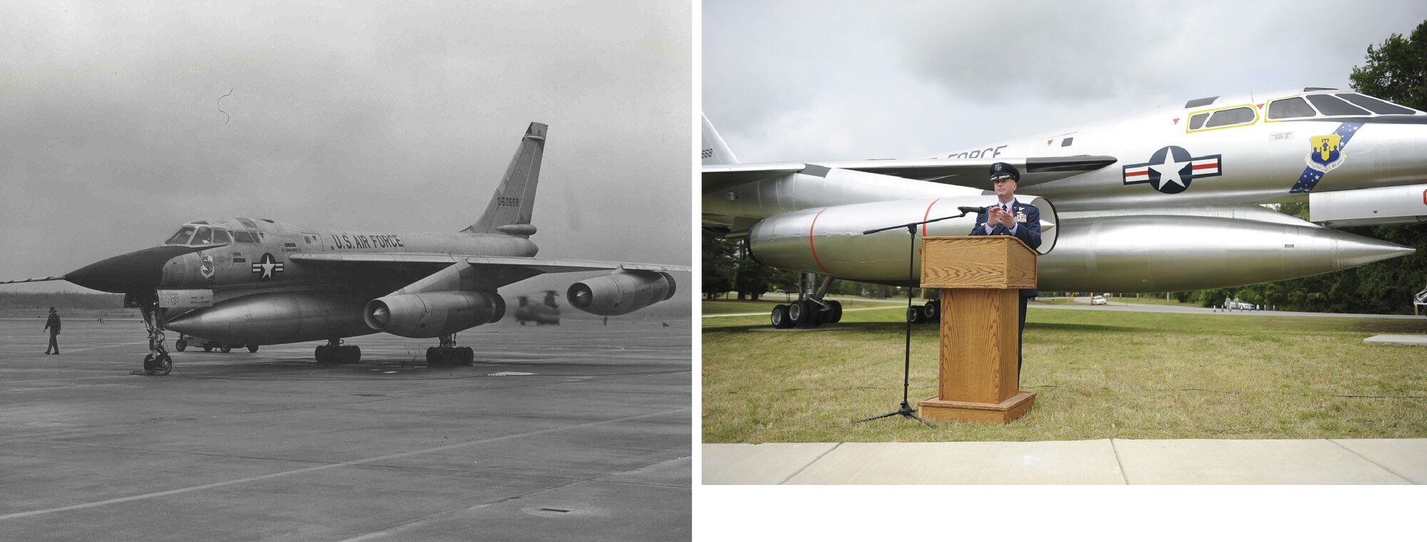 (left) On Jan. 16, 1970, the Strategic Air Command retired its last B-58 Hustler. Two bombers from the 43rd Bombardment Wing at Little Rock Air Force Base, Arkansas, and two from the 305th Bombardment Wing at Grissom AFB, Indiana, flew to the aircraft storage facility at Davis-Monthan AFB, Arizona. 

(right) Forty-three years after the last B-58 left Little Rock AFB, Col. Tom Crimmins, a former 19th Airlift Wing vice commander, dedicated B-58 with tail number 55-0668 May 3, 2013, as the newest addition to Heritage Park. The B-58, also known by its nicknames "Wild Child II" and "Peeping Tom," is the only
combat-veteran Hustler having made an overflight of Cuba during the Cuban Missile Crisis in 1962. 
