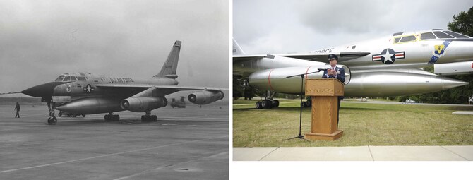 (left) On Jan. 16, 1970, the Strategic Air Command retired its last B-58 Hustler. Two bombers from the 43rd Bombardment Wing at Little Rock Air Force Base, Arkansas, and two from the 305th Bombardment Wing at Grissom AFB, Indiana, flew to the aircraft storage facility at Davis-Monthan AFB, Arizona. 

(right) Forty-three years after the last B-58 left Little Rock AFB, Col. Tom Crimmins, a former 19th Airlift Wing vice commander, dedicated B-58 with tail number 55-0668 May 3, 2013, as the newest addition to Heritage Park. The B-58, also known by its nicknames "Wild Child II" and "Peeping Tom," is the only
combat-veteran Hustler having made an overflight of Cuba during the Cuban Missile Crisis in 1962. 
