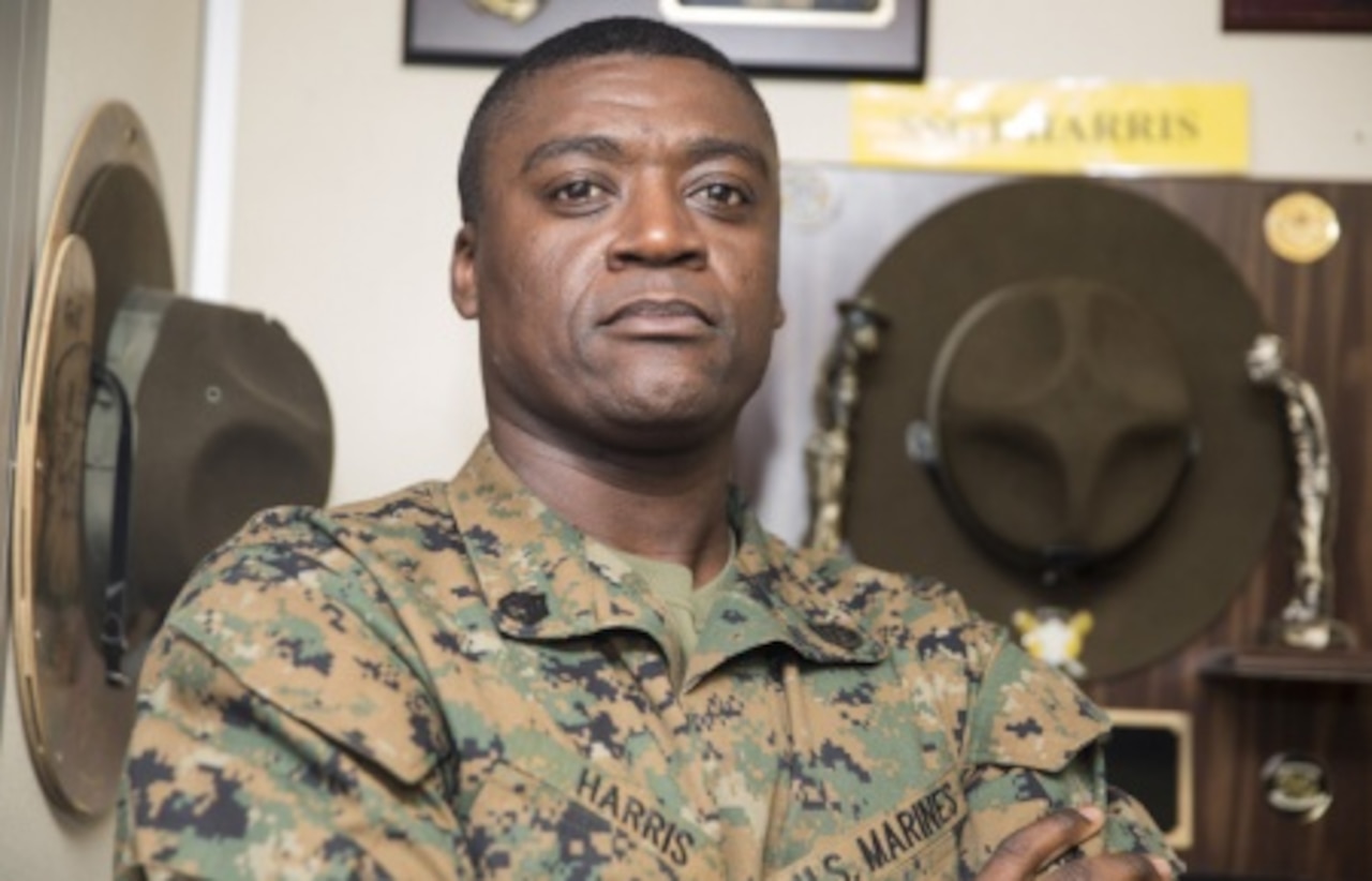 Marine Corps Staff Sgt. Clyde Harris, the warehouse supply chief for the 15th Marine Expeditionary Unit, poses for a photo at Camp Pendleton, Calif., Jan. 8, 2015. Harris said he employs his experiences as a former drill instructor when leading his Marines. U.S. Marine Corps photo by Cpl. Steve H. Lopez