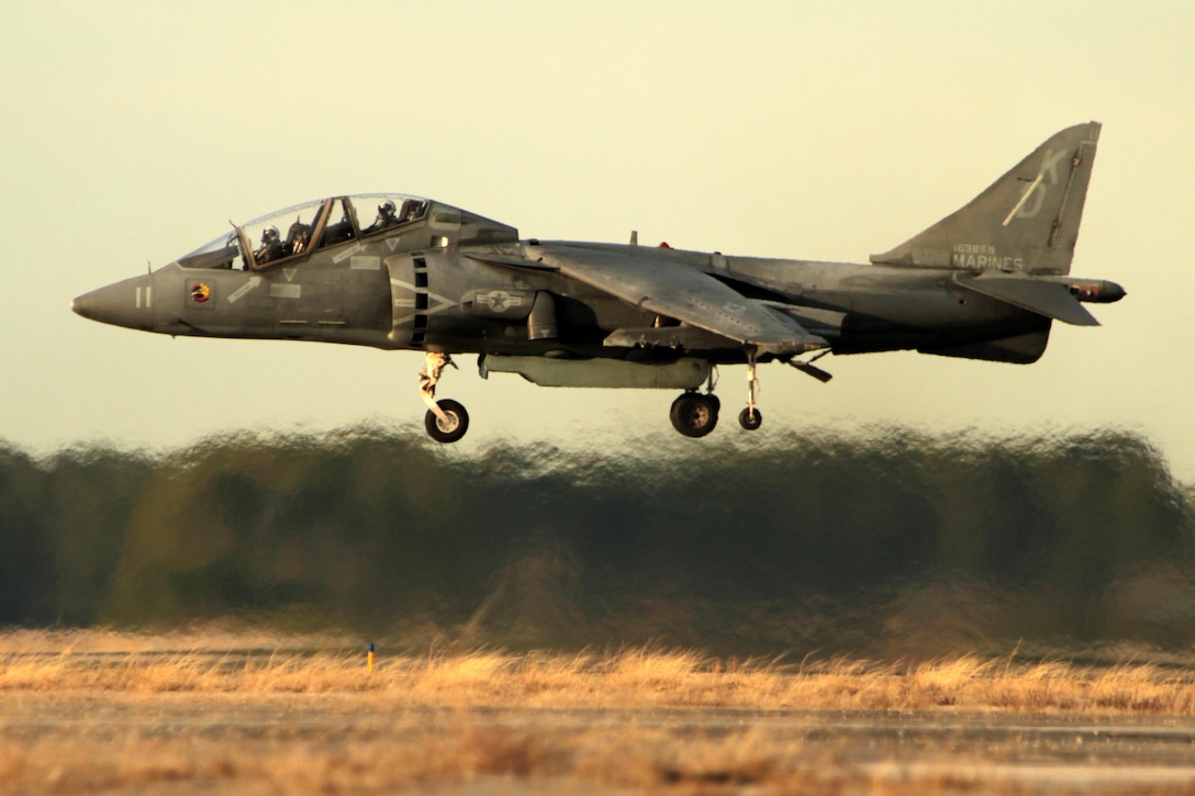 A student pilot and instructor with Marine Attack Training Squadron 203 perform a vertical takeoff inside a TAV-8B Harrier at Marine Corps Air Station Cherry Point, N.C., Jan. 29, 2014.  
VMAT-203 is the Marine Corps' only fleet replacement squadron for the AV-8B Harrier and trains naval aviators for the mission of supporting the Marine Air-Ground Task Force.  
Cherry Point is home to 2nd Marine Aircraft Wing and several of its squadrons. Its runways operate 24/7, 365 days each year, and the air station hosts squadrons that specialize in  air-to-ground attack support; heavy helicopter lift and transport; electronic warfare; aerial transport and refueling; and sea and land search and rescue.
