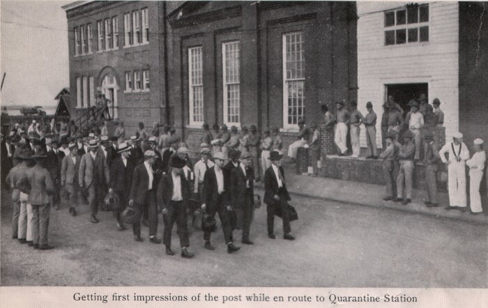 New recruits get their first impressions of the post while en route to the quarantine station circa 1917.