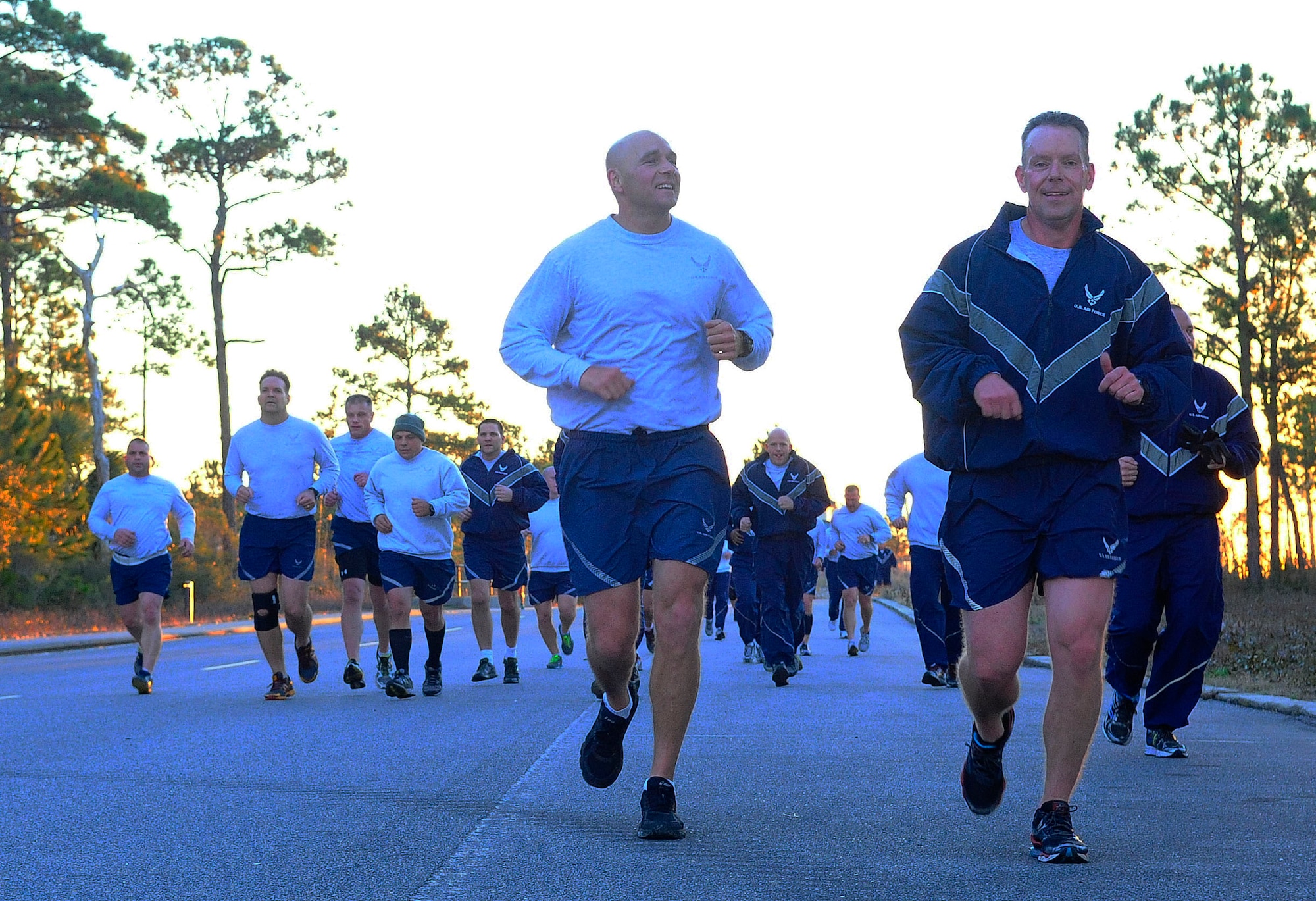 Chief Master Sgt. Cory Olson, 1st Special Operations Wing command chief, runs with other chiefs for the 2015 AFSOC Chiefs Orientation at Hurlburt Field, Fla., Jan. 27, 2015. Chief Master Sgt. Matthew Caruso, Air Force Special Operations Command command chief, was the host for this year’s event. (U.S. Air Force photo/Airman 1st Class Andrea Posey)
