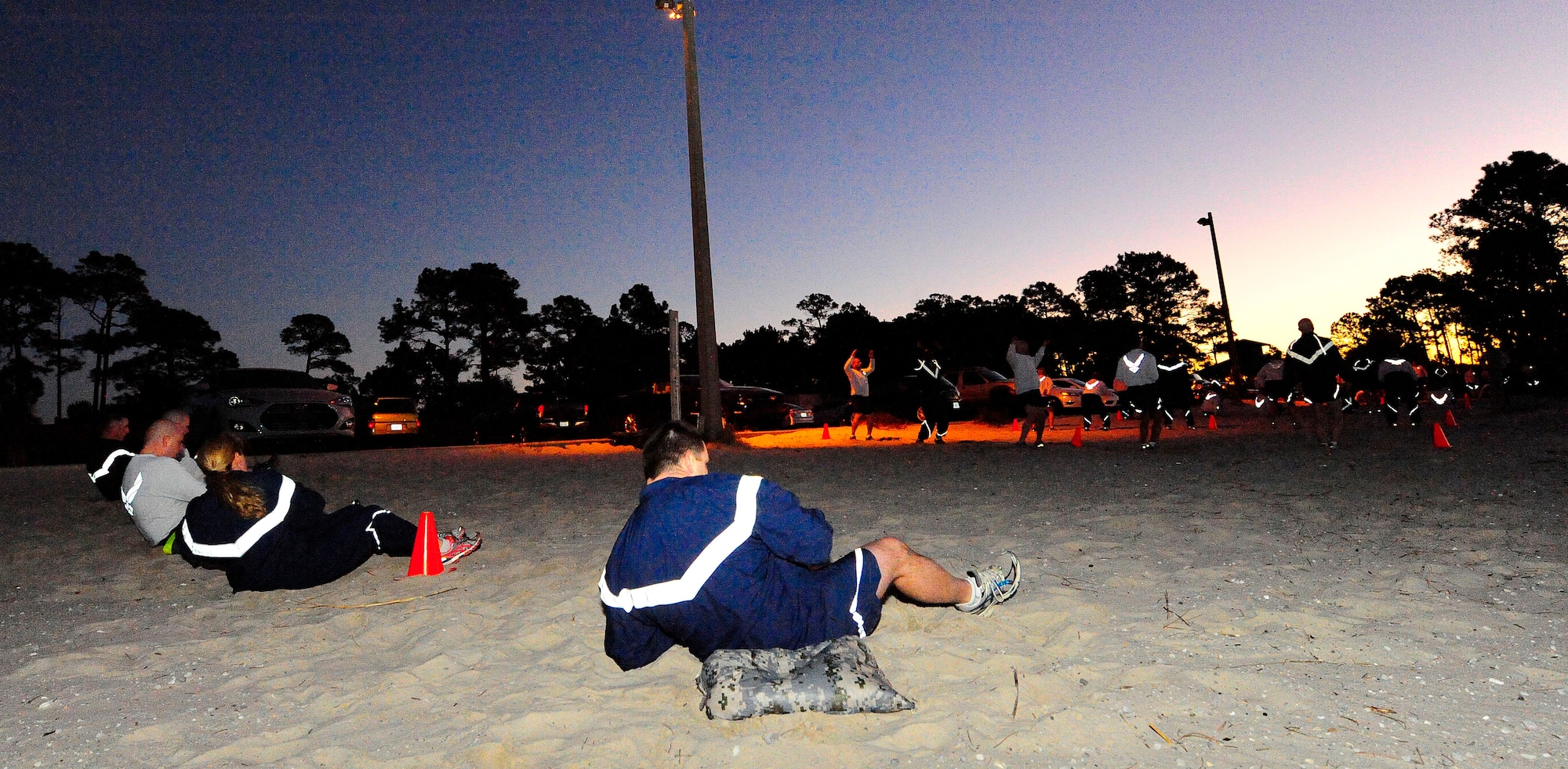 AFSOC chiefs participate in an early morning physical training session for the 2015 AFSOC Chiefs Orientation at Hurlburt Field, Fla., Jan. 27, 2015. Chief Master Sgt. Matthew Caruso, Air Force Special Operations Command command chief, was the host for this year’s event. (U.S. Air Force photo/Airman 1st Class Andrea Posey)