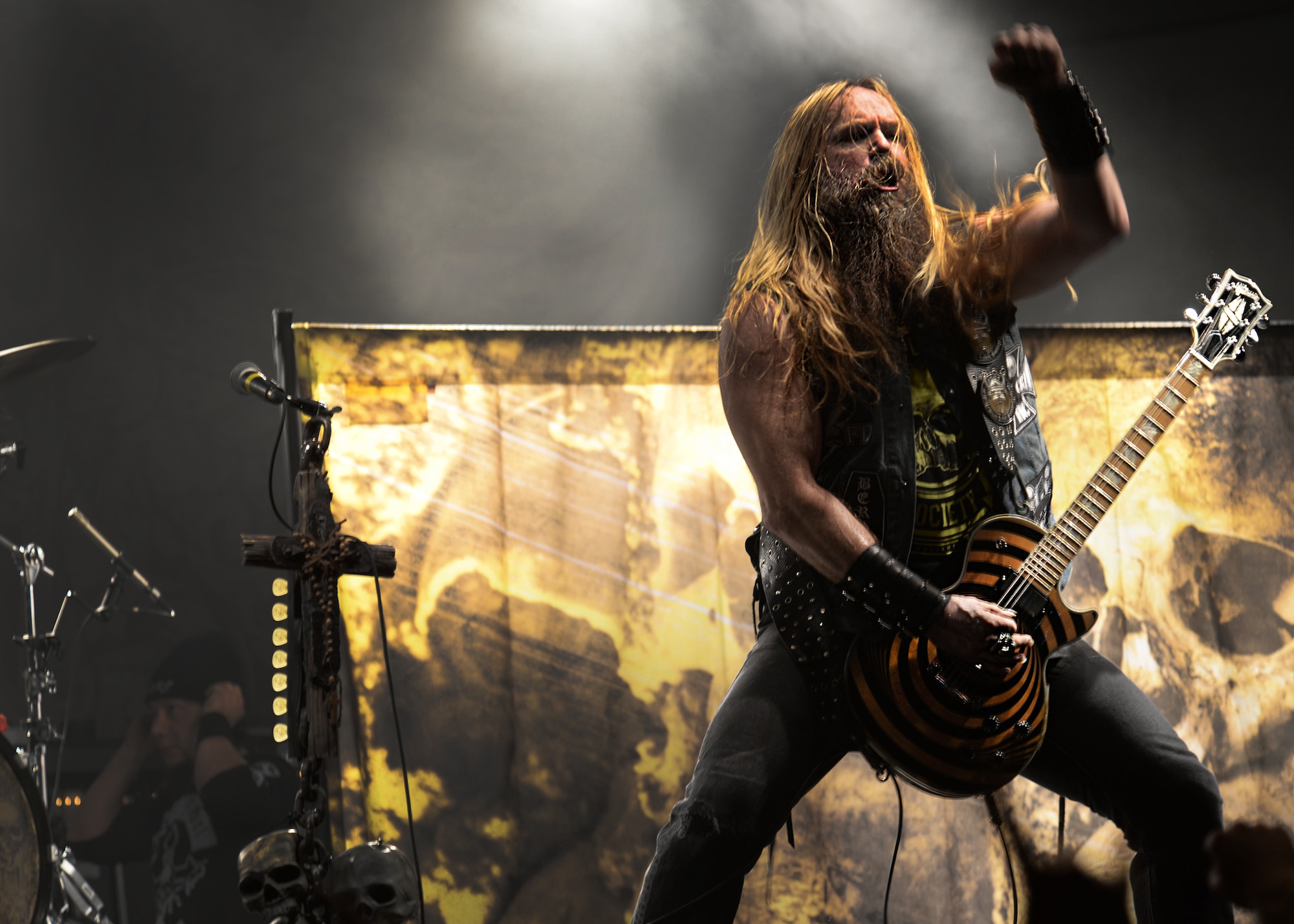 Zakk Wylde, front man to the Black Label Society, gets the crowd pumped up during the bands performance Jan. 28, 2015 at Cannon Air Force Base, N.M. Wylde, former guitarist to Ozzy Osborn, had the opportunity to meet with fans during a meet and greet at the Base Exchange. (U.S. Air Force Photo/Airman 1st Class Chip Slack)
