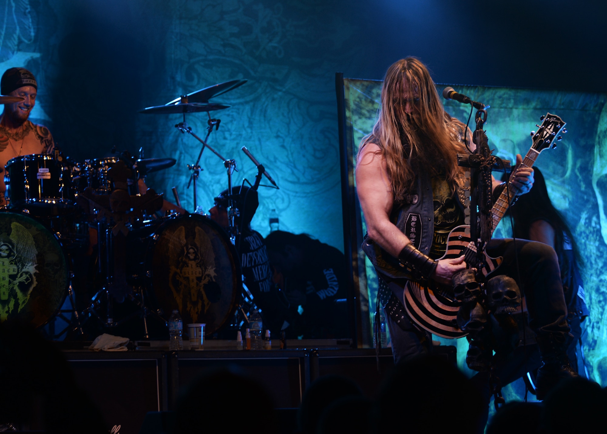 Zakk Wylde, front man to the Black Label Society, wows the crowd with an impressive guitar solo Jan. 28, 2015 at Cannon Air Force Base, N.M. The band performed for Cannon’s Air Commandos in partnership with the United Services Organization. (U.S. Air Force Photo/Airman 1st Class Chip Slack)