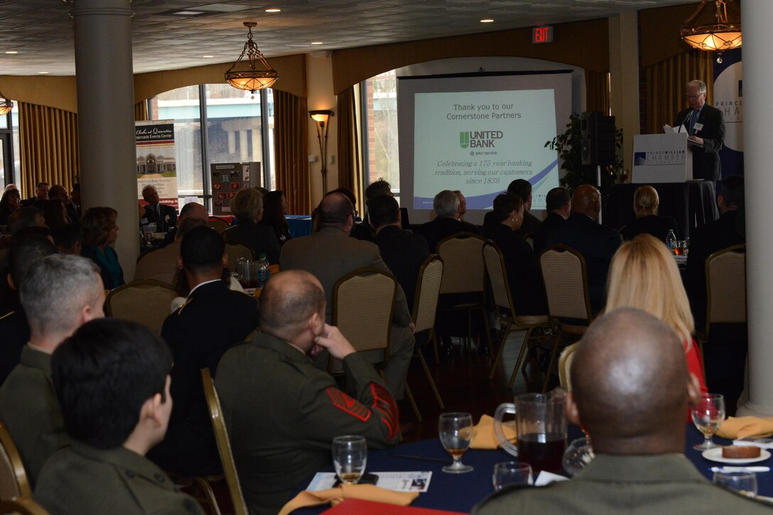 MARINE CORPS BASE QUANTICO, Va. -- Retired Rear Admiral Robert Shumaker, a former Prisoner of War, was the guest speaker during the Prince William Chamber of Commerce and the Prince William Chamber's Veterans Council 4th Annual Salute to the Armed Forces in Woodbridge. 

One Marine and two soldiers from Fort Belvoir were recognized during the ceremony. 

 The Salute to the Armed Forces is designed to both thank veterans for their service and highlight to member businesses what an asset the veteran community is to helping Prince William County thrive.