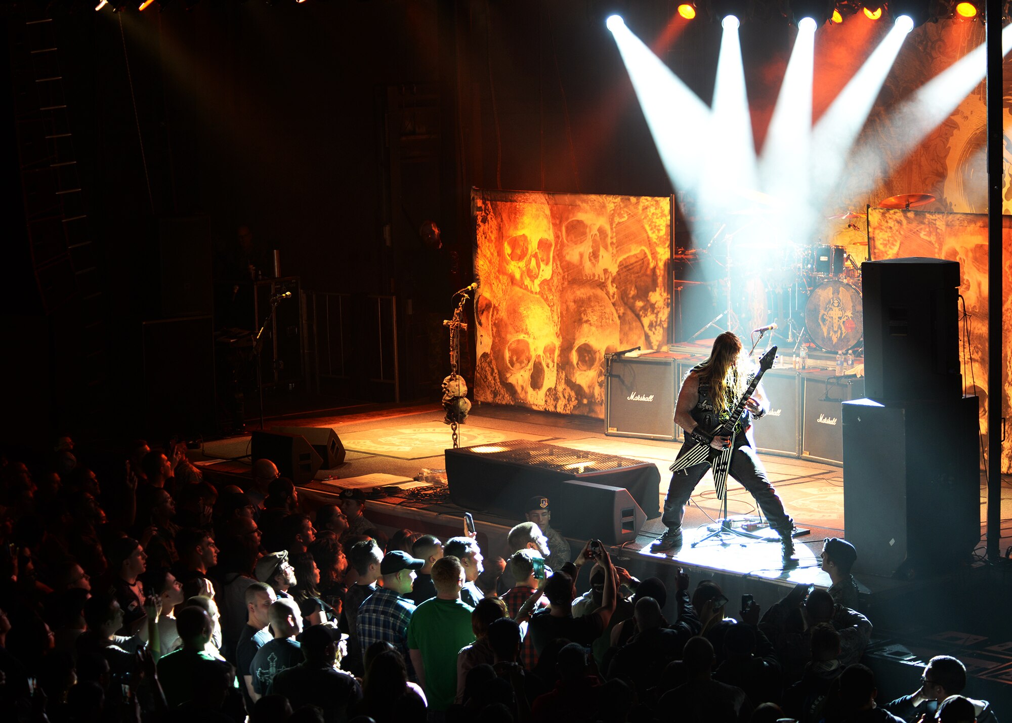 Zakk Wylde, front man to the Black Label Society, engages the audience with an electrifying guitar solo Jan. 28, 2015 at Cannon Air Force Base, N.M. Wylde, with the rest of the members of the band, entertained Team Cannon thanks to the United Services Organization and members of Cannon. (U.S. Air Force Photo/Airman 1st Class Chip Slack)