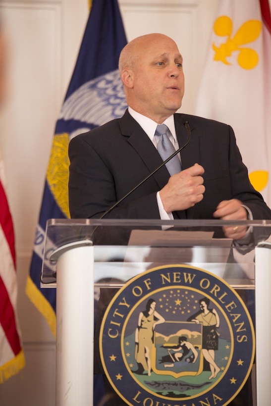 Mitch Landrieu, mayor of New Orleans, speaks to an audience composed of military and civilian organizations at Gallier Hall, Jan. 29, 2015. The mayor spoke of his efforts to combat homelessness among veterans in New Orleans. President Barack Obama praised Landrieu during the U.S. Conference of Mayors the week prior for making New Orleans one of the first major cities to eliminate veteran homelessness. (U.S. Marine Corps photo by Cpl. Ian Leones)