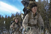 Lance Cpl. Henry Ramirez, a landing support specialist with Combat Logistics Battalion 26, Headquarters Regiment, 2nd Marine Logistics Group, steps off with his Marines during a movement aboard U.S. Marine Corps Mountain Warfare Training Center at Bridgeport, California, Jan. 26, 2015. MWTC provides the Marines with the opportunity to secure mission readiness in any clime or place, specifically at high altitudes and in cold weather. (U.S. Marine Corps photo by Lance Cpl. Kaitlyn Klein/Released)