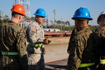 Army Sgt. 1st Class Grachya Kazanchyan (center), the rail noncommissioned officer in charge of Movement Control Company 171, explains rail-loading procedures to Marines with II Marine Expeditionary Force during a railway operation training course aboard Marine Corps Base Camp Lejeune, N.C., Jan. 21, 2015. Soldiers from MCC 171 traveled from Marine Corps Logistics Base Barstow, Calif., to train II MEF Marines for railway operations. (U.S. Marine Corps photo by Lance Cpl. Sullivan Laramie)