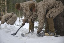 Marines with Headquarters and Service Company, Combat Logistics Battalion 26, Headquarters Regiment, 2nd Marine Logistics Group, shovel snow in order to create a fighting position during a training exercise aboard U.S. Marine Corps Mountain Warfare Training Center in Bridgeport, California, Jan. 20, 2015. Fighting positions were used to provide 360-degree security over gear and military personnel in order to safeguard their bivouac site. (U.S. Marine Corps photo by Lance Cpl. Kaitlyn Klein/Released)