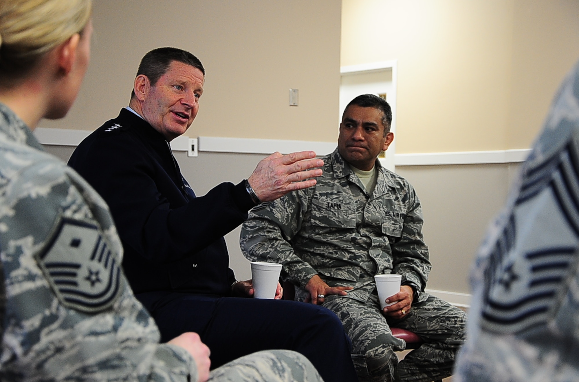Gen. Robin Rand, Commander of Air Education Training Command, and Chief Master Sgt. Gerardo Tapia, AETC Command Chief, host a question-and-answer session with all Columbus Air Force Base chiefs and first sergeants in the Base Chapel Annex Jan. 23, 2015. Rand and Tapia imparted the wisdom of their position and experience to help answer questions Columbus AFB leadership struggle with. (U.S. Air Force photo by Airman John Day)