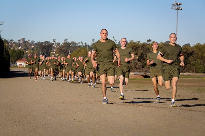 Recruits of Delta Company, 1st Recruit Training Battalion, run a half-mile sprint during interval training at Marine Corps Recruit Depot San Diego, Jan. 15.  The Marine Corps uses interval training to help recruits gain physical endurance and to prepare them for upcoming challenges.