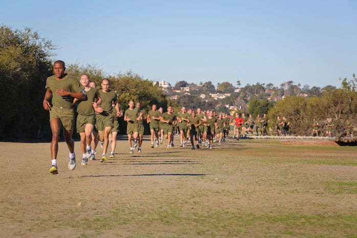 Recruits of Delta Company, 1st Recruit Training Battalion, run a half-mile sprint during interval training at Marine Corps Recruit Depot San Diego, Jan. 15.  The Marine Corps uses interval training to help recruits gain physical endurance and to prepare them for upcoming challenges.