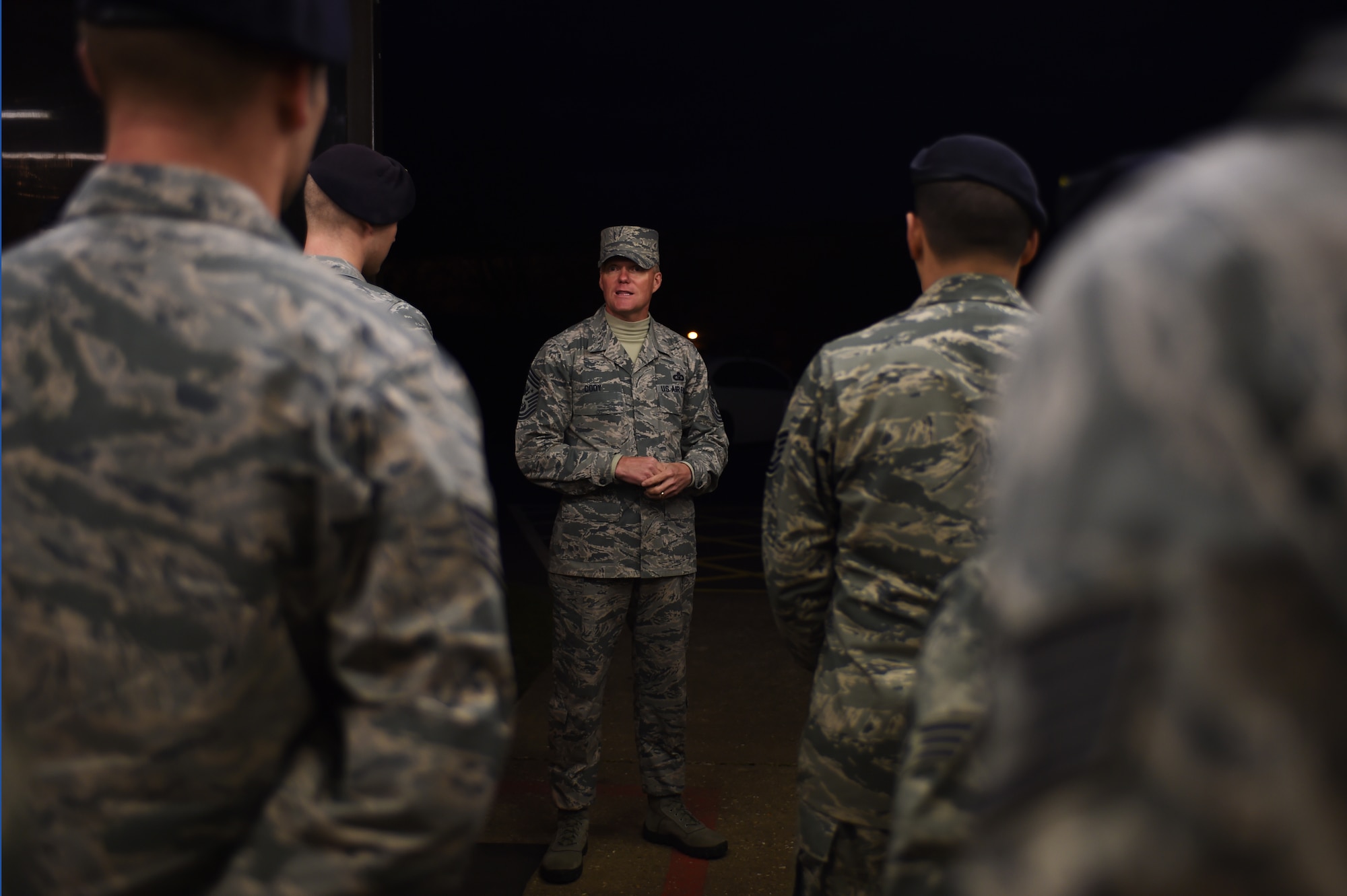 Chief Master Sgt. of the Air Force James A. Cody speaks with 423rd Security Forces Airmen Jan. 27, 2015, during a visit to Royal Air Force Alconbury, England. Cody passed along his heartfelt appreciation to the Airmen of the 501st Combat Support Wing, for their commitment to innovation and the U.S. Air Force. (U.S. Air Force photo/Staff Sgt. Jarad A. Denton)