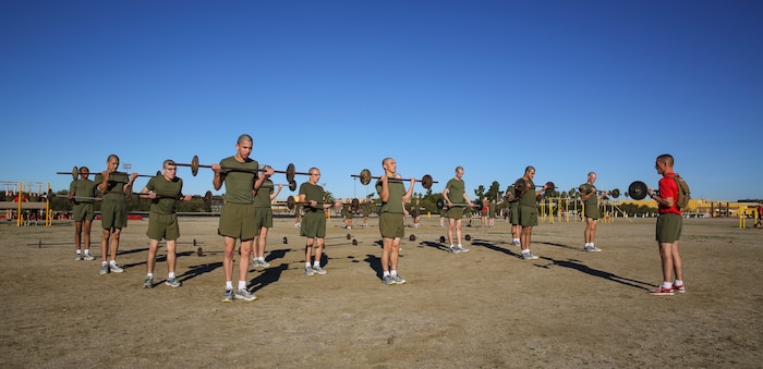 Recruits of Delta Company, 1st Recruit Training Battalion, perform straight bar curls during interval training at Marine Corps Recruit Depot San Diego, Jan. 15.  Recruits are developed and prepared to uphold the long history and tradition of the Marine Corps.  