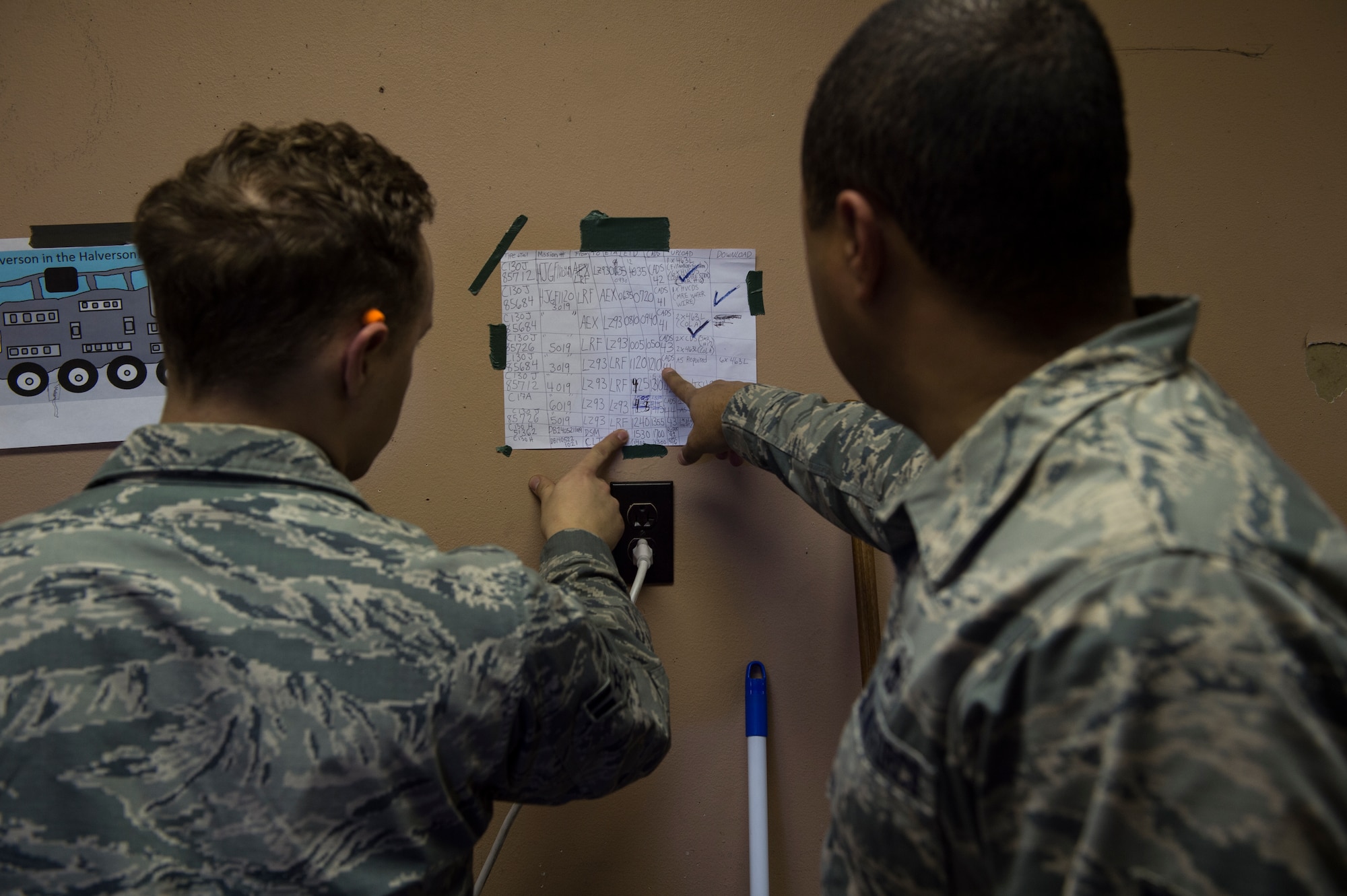 Members of the 571st Contingency Response Group stationed at Travis Air Force Base, Calif., look at a schedule during a training exercise at the Joint Readiness Training Center at Fort Polk, La., Jan. 19, 2015. JRTC is a 34th Combat Training Squadron exercise for the U.S. Army that improves unit readiness by providing realistic, stressful, joint and combined arms training across the full spectrum of conflict. The Airmen helped support the exercise, and also provided an opportunity for internal training. (U.S. Air Force photo/Staff Sgt. Gustavo Gonzalez/RELEASED)