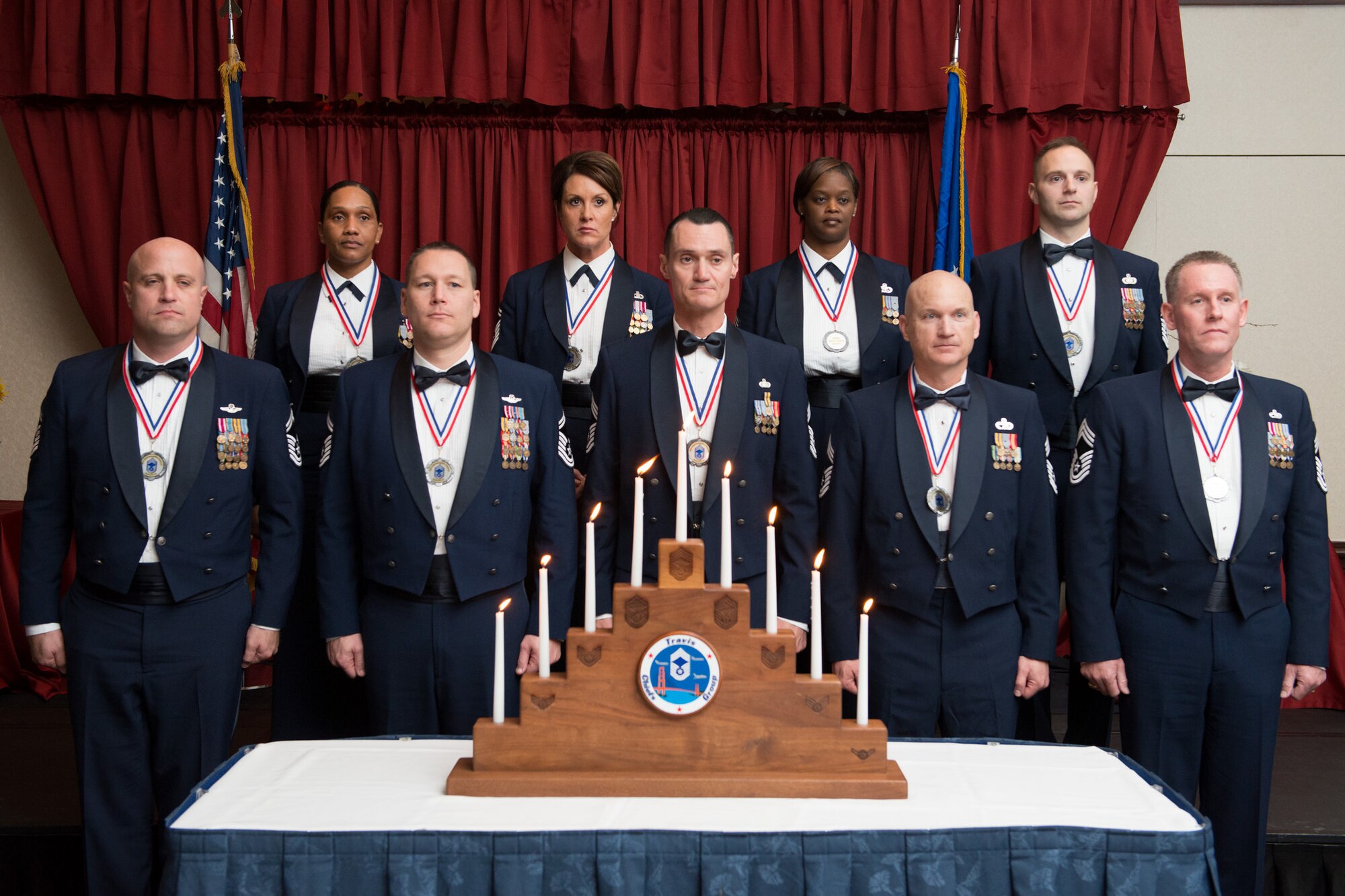 Nine newly selected chief master sergeants were recognized during a dinner at Travis's Delta Breeze Club, Jan. 23, 2015. The new chiefs were welcomed to the select group with the highest enlisted rank, of which only one percent of the enlisted force attains. (U.S. Air Force photo/Ken Wright)
