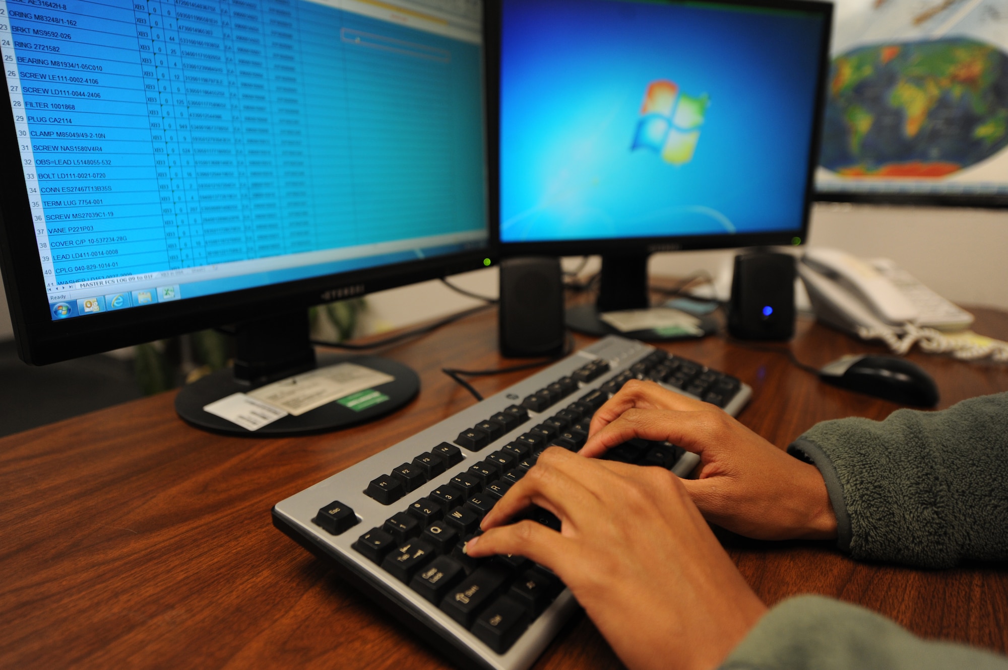 U.S. Air Force Tech. Sgt. Shivonne Valero, 7th Logistic Readiness Squadron B-1 Aircraft Parts Store (APS) noncommissioned officer in charge, adds part numbers to an inventory spreadsheet Jan. 8, 2015, at Dyess Air Force Base, Texas. Valero helped oversee the transition of old parts from the B-1 APS to the main warehouse. The parts were tracked and inventoried before, during, and after their relocation. (U.S. Air Force photo by Airman 1st Class Alexander Guerrero/Released)