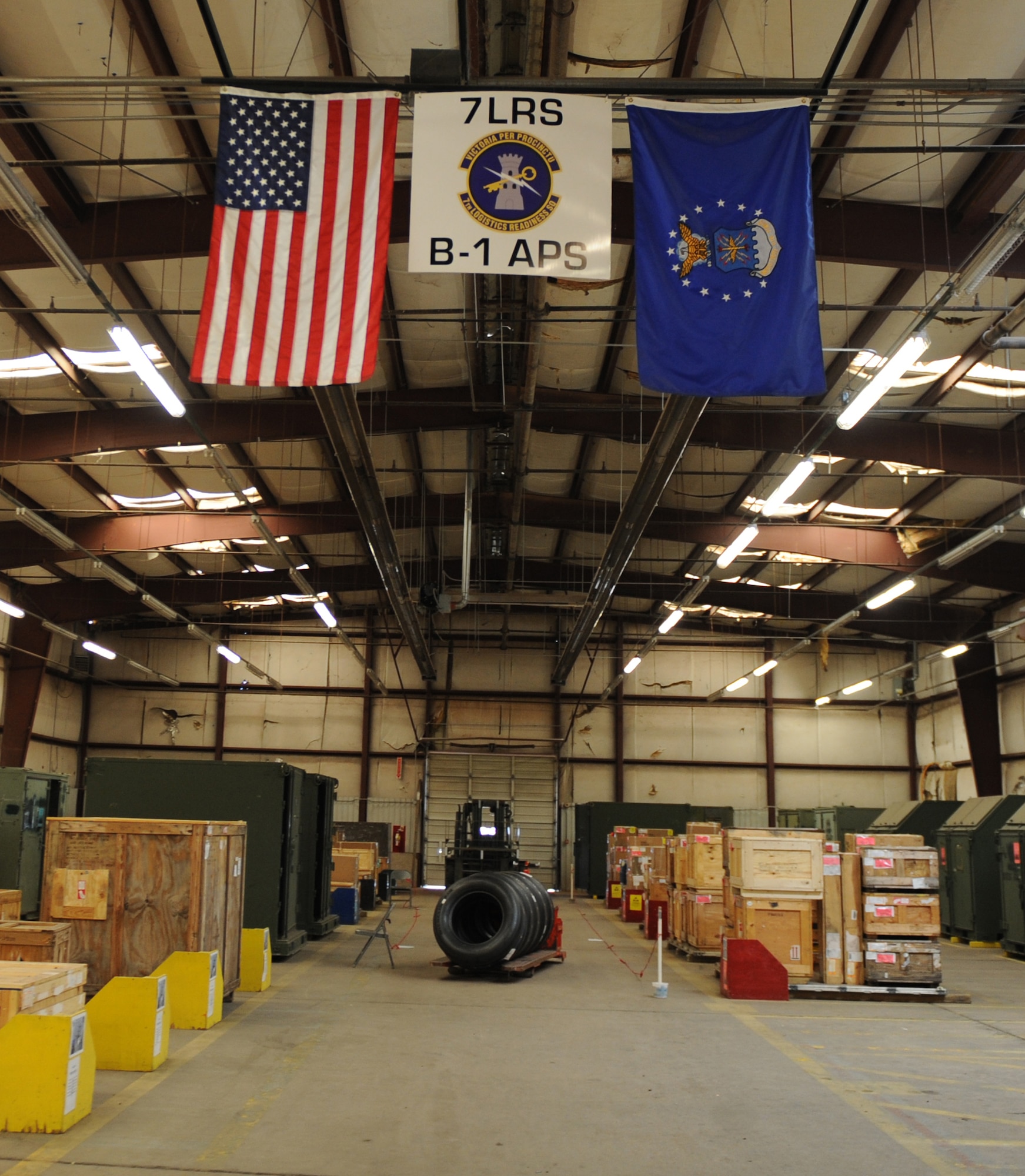 Various aircraft parts sit in the 7th Logistic Readiness Squadron B-1 Aircraft Parts Store Jan. 8, 2015, at Dyess Air Force Base, Texas. In an effort to increase efficiency, Airmen from the B-1 APS have worked together to relocate old, unused parts to make room for large B-1 parts. This helps facilitate quicker parts acquisition, which shortens the amount of time needed to repair aircraft. (U.S. Air Force photo by Airman 1st Class Alexander Guerrero/Released)