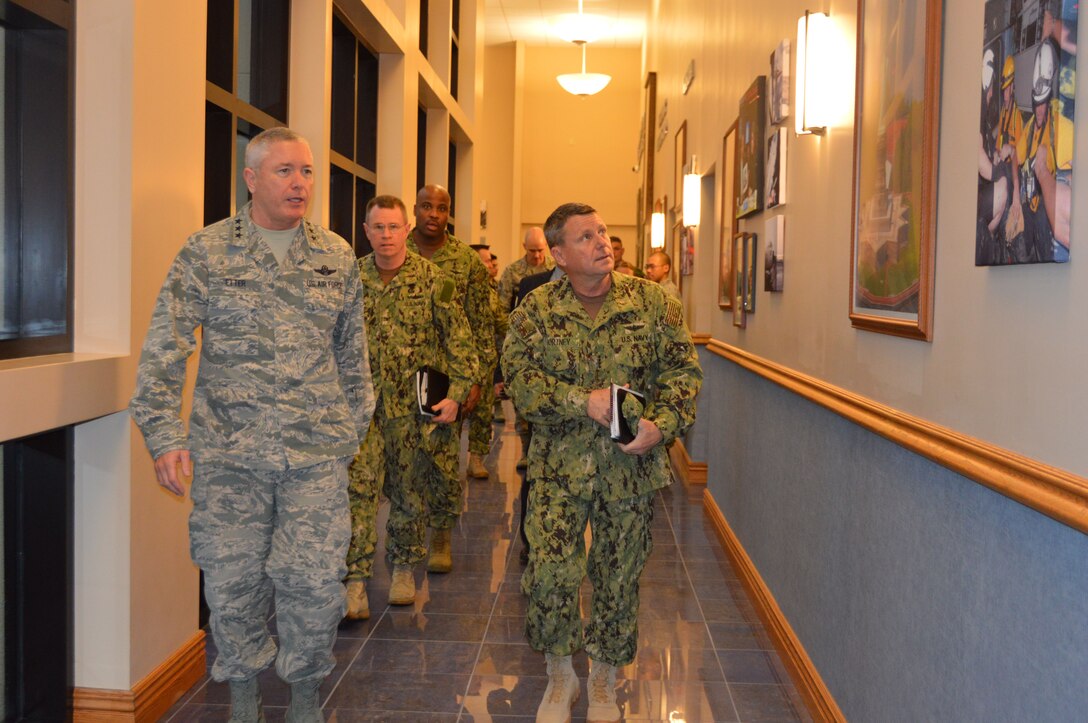 TYNDALL AIR FORCE BASE, Fla.  - Lt. Gen. William  Etter, (left) Commander, Continental U.S. North American Aerospace Defense Command Region - 1st Air Force (Air Forces Northern), Tyndall Air Force Base, Fla., discusses the different  CONR – 1 AF (AFNORTH) mission sets with Adm. Bill Gortney, Commander,  North American Aerospace Defense Command-U.S. Northern Command, as the admiral views them during a visit to the 601st  Air Operations Center at Tyndall. (U.S. Air Force Photo by Mary McHale/Released)