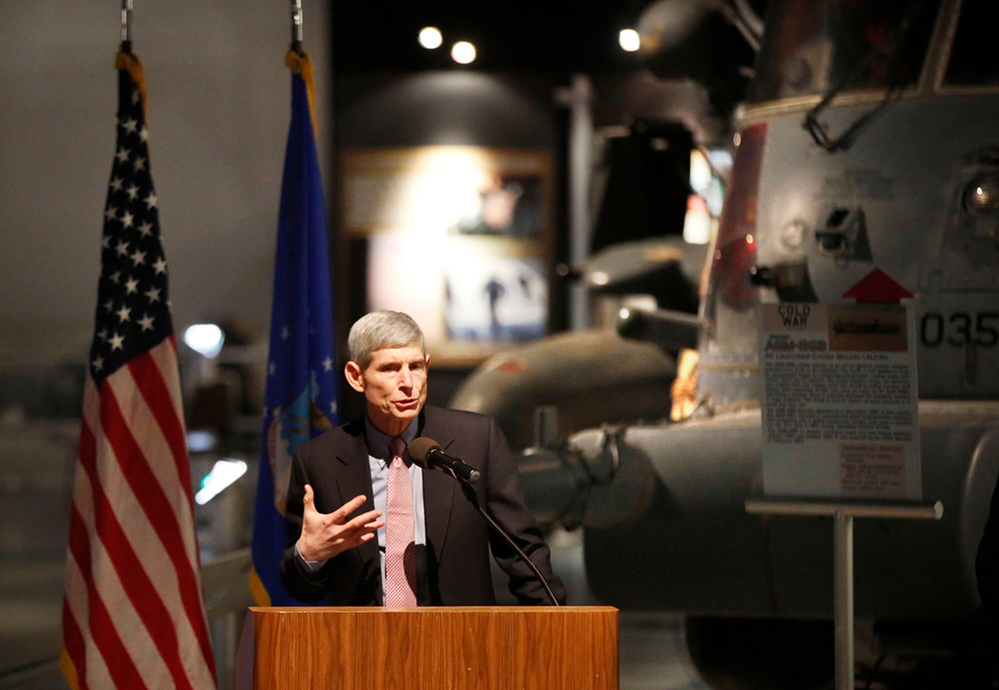 Norton Schwartz, retired Air Force general, speaks at the opening of a new exhibit featuring the story of Tactical Air Control Party Senior Airmen Bradley Smith and Michael Malarsie at the National Museum of the U.S. Air Force. (Cox Media Group photo by Ty Greenlees)