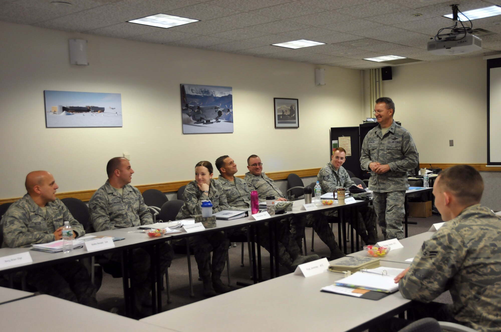 Brig. Gen. Anthony German, New York Air National Guard chief of staff, talks to Airmen during the 109th Airlift Wing's first Airman Development Course at Stratton Air National Guard Base, N.Y., on  Jan. 30, 2015. 14 Airmen throughout the base took the three-day course Jan. 28-30, 2015. The course covered topics on public speaking, Air Force heritage, 109th AW history, teambuilding, conflict resolution, the evaluation process, financial and educational benefits, and more. (U.S. Air National Guard photo by Tech. Sgt. Catharine Schmidt/Released)