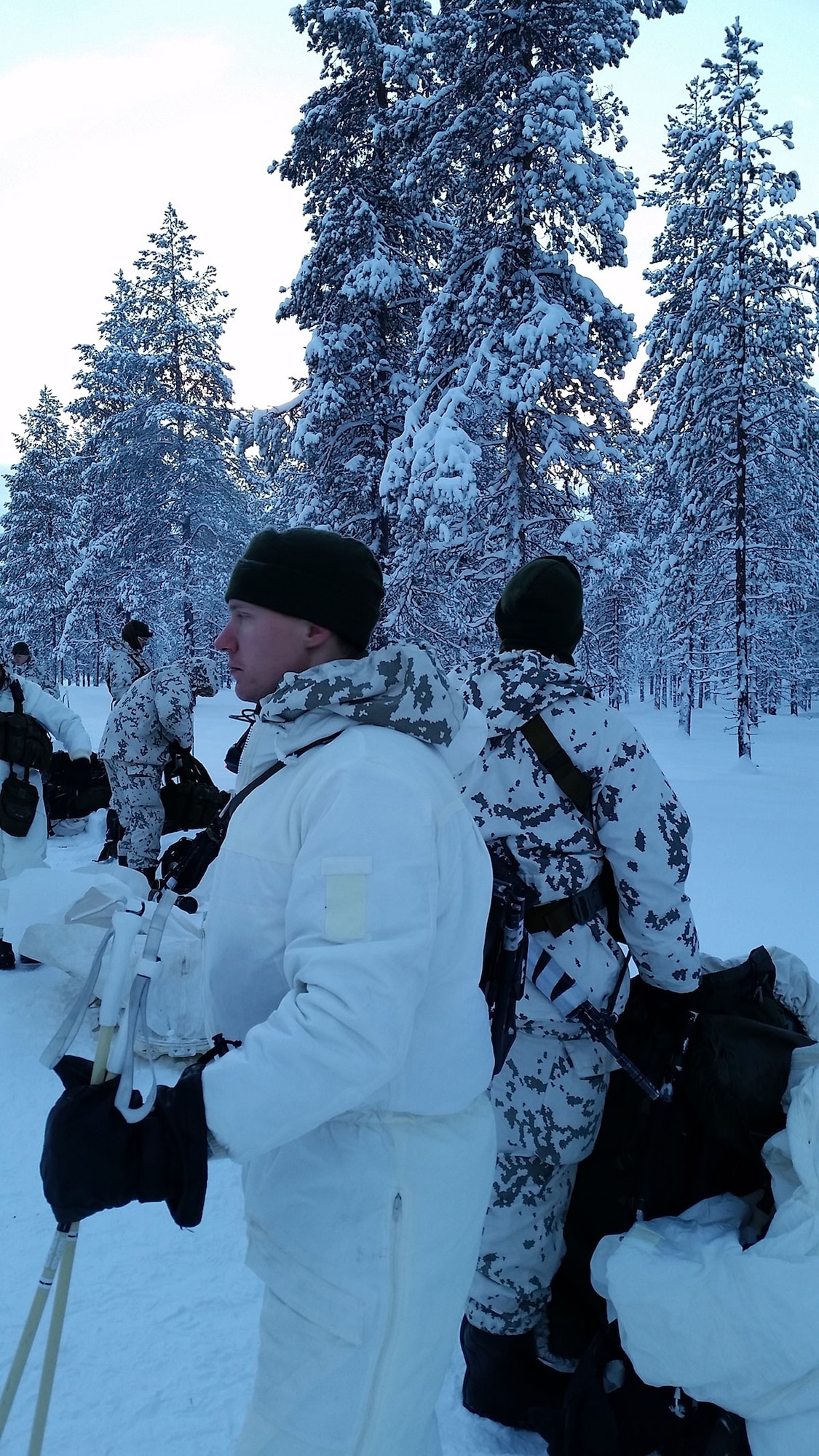 A paratrooper with the 4th Infantry Brigade Combat Team (Airborne), 25th Infantry Division, pulls an Akhio sled during the Finland Cold Weather Basic Operation Course. (Courtesy photo)