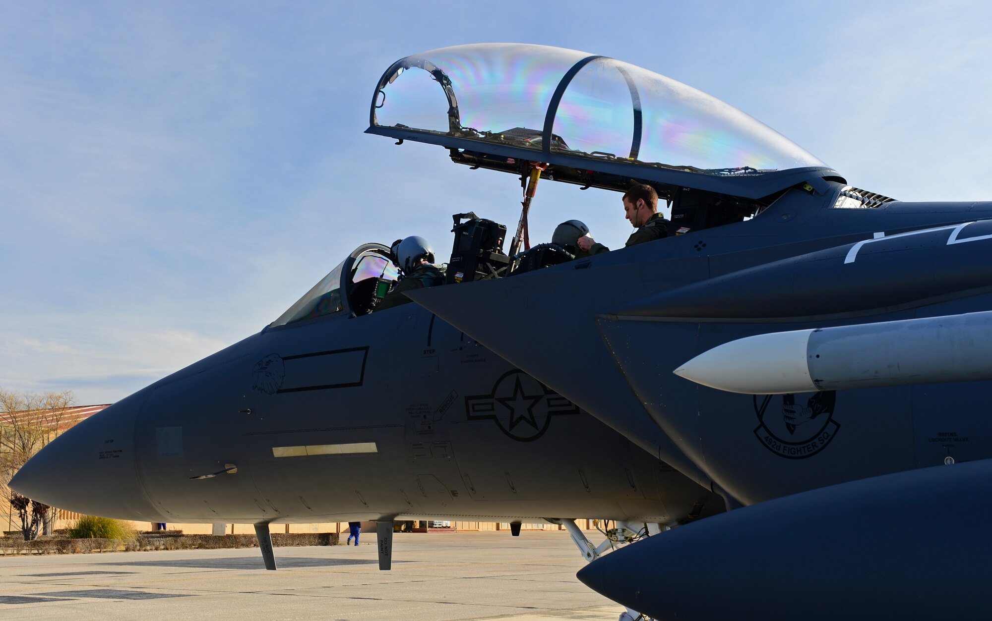 Capt. Ryan Claussen, 492nd Fighter Squadron pilot, and 1st Lt. Nicholas Eby, 492nd FS weapon system officer, prepare for take-off at Los Llanos Air Base, Spain, Jan. 29, 2015. The 492nd FS was in Spain to participate in the 2015 Tactical Leadership Programme, which was cut short due to an aircraft crash on Jan. 26, 2015. (U.S. Air Force photo by Airman 1st Class Erin R. Babis/Released)