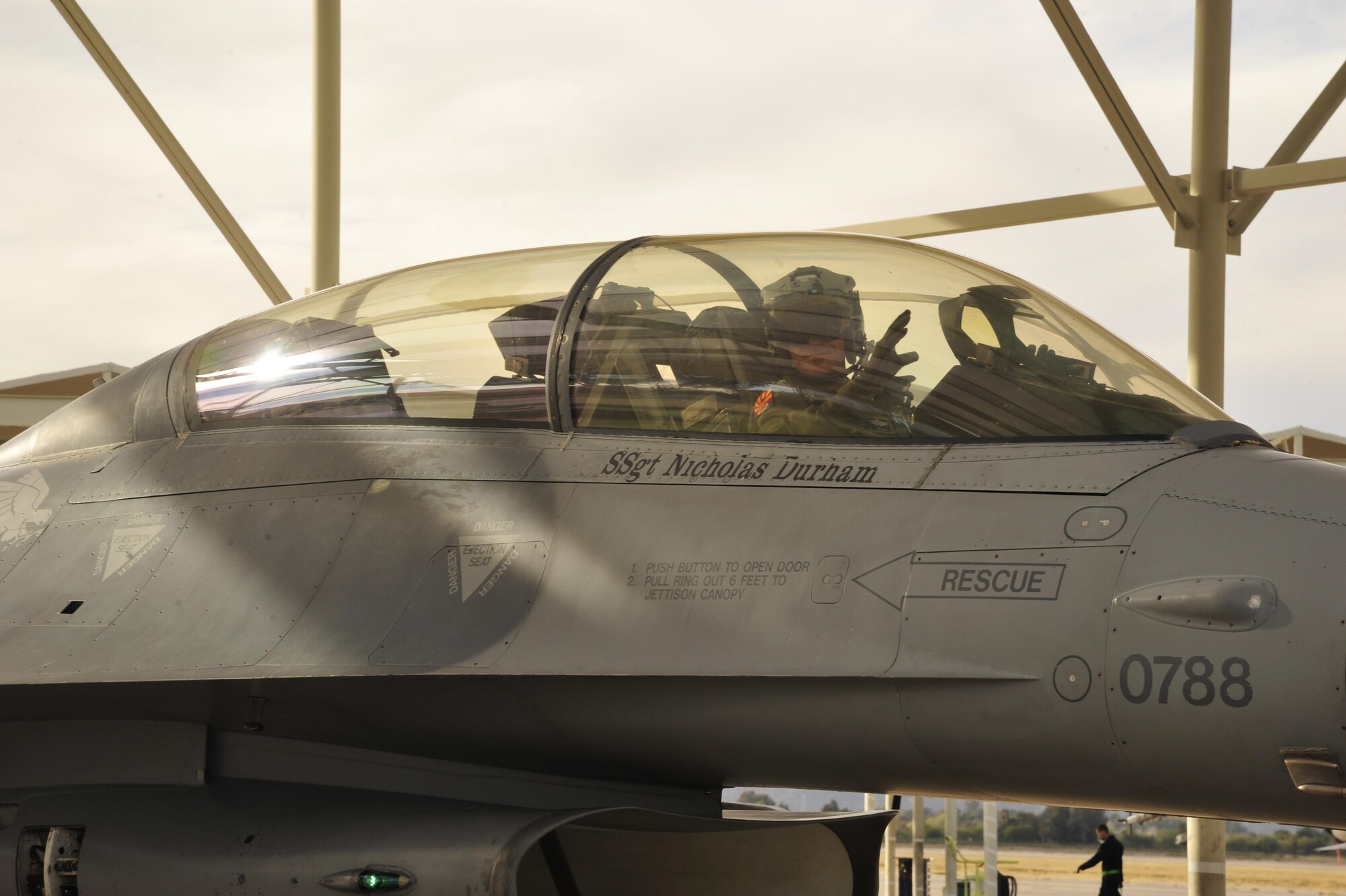 Brig. Gen. Scott Pleus, 56th Fighter Wing commander, returns from his last flight in an F-16 Fighting Falcon Jan. 23 at Luke Air Force Base. Pleus’ last flight symbolizes Luke stepping forward with a new mission — training the world’s greatest F-35 fighter pilots. (U.S. Air Force photo/Senior Airman Grace Lee)