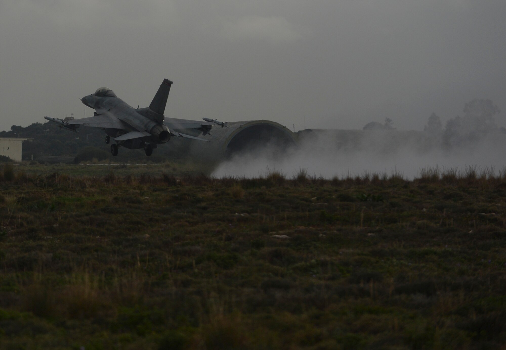 A U.S. Air Force F-16 Fighting Falcon fighter aircraft assigned to the 480th Expeditionary Fighter Squadron takes off during a flying training deployment on the flightline at Souda Bay, Greece, Jan. 29, 2015. The aircraft conducted the training as part of the bilateral deployment between the Greek and U.S. Air Forces to develop interoperability and cohesion between the two NATO partners. (U.S. Air Force photo by Staff Sgt. Joe W. McFadden/Released)